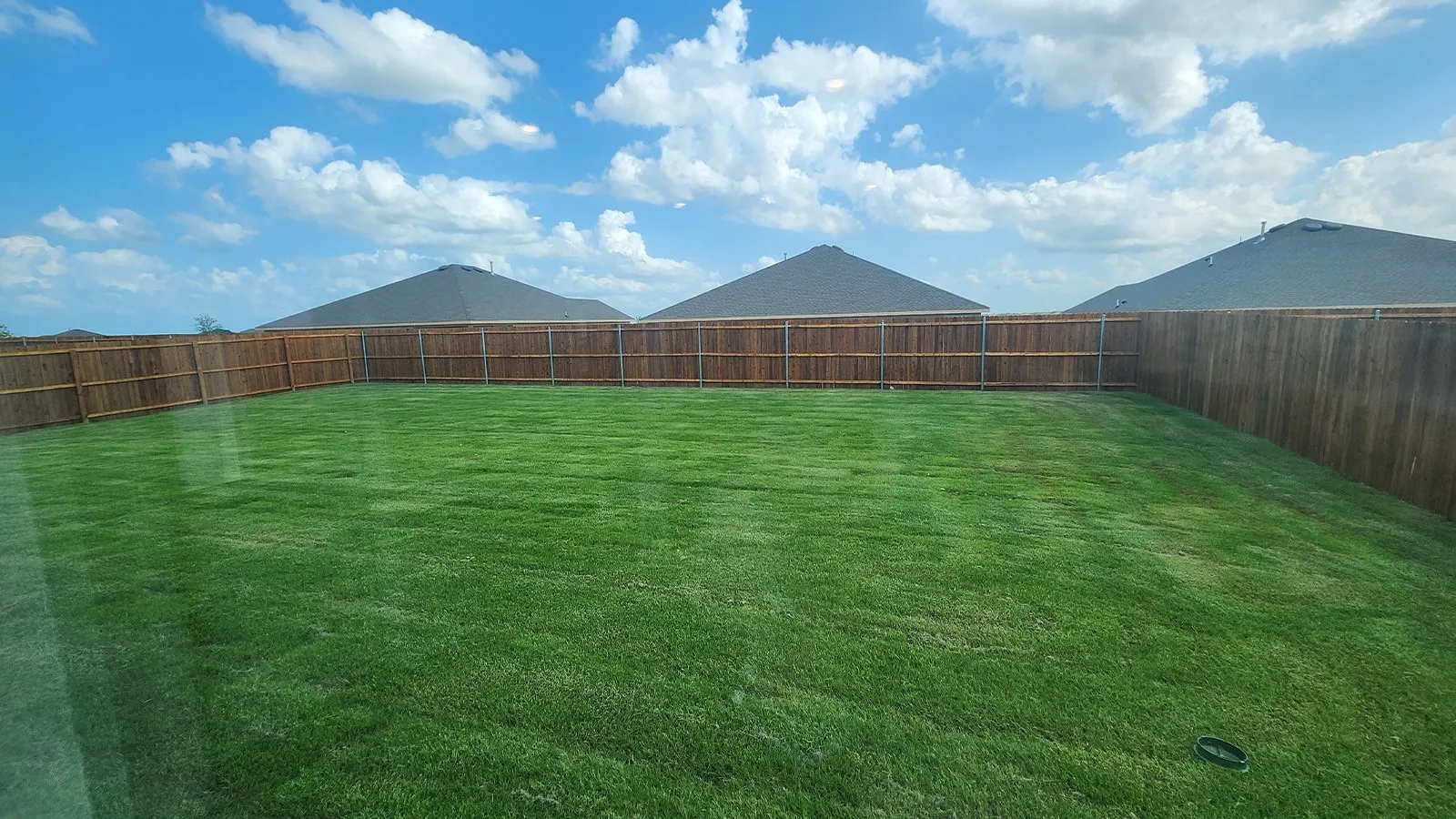 Spacious backyard featuring a full perimeter wood fence, expansive green lawn, and open sky