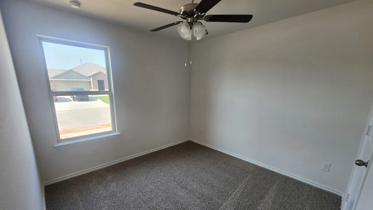 Carpeted room featuring a single window, a ceiling fan with light fixture, and neutral wall paint