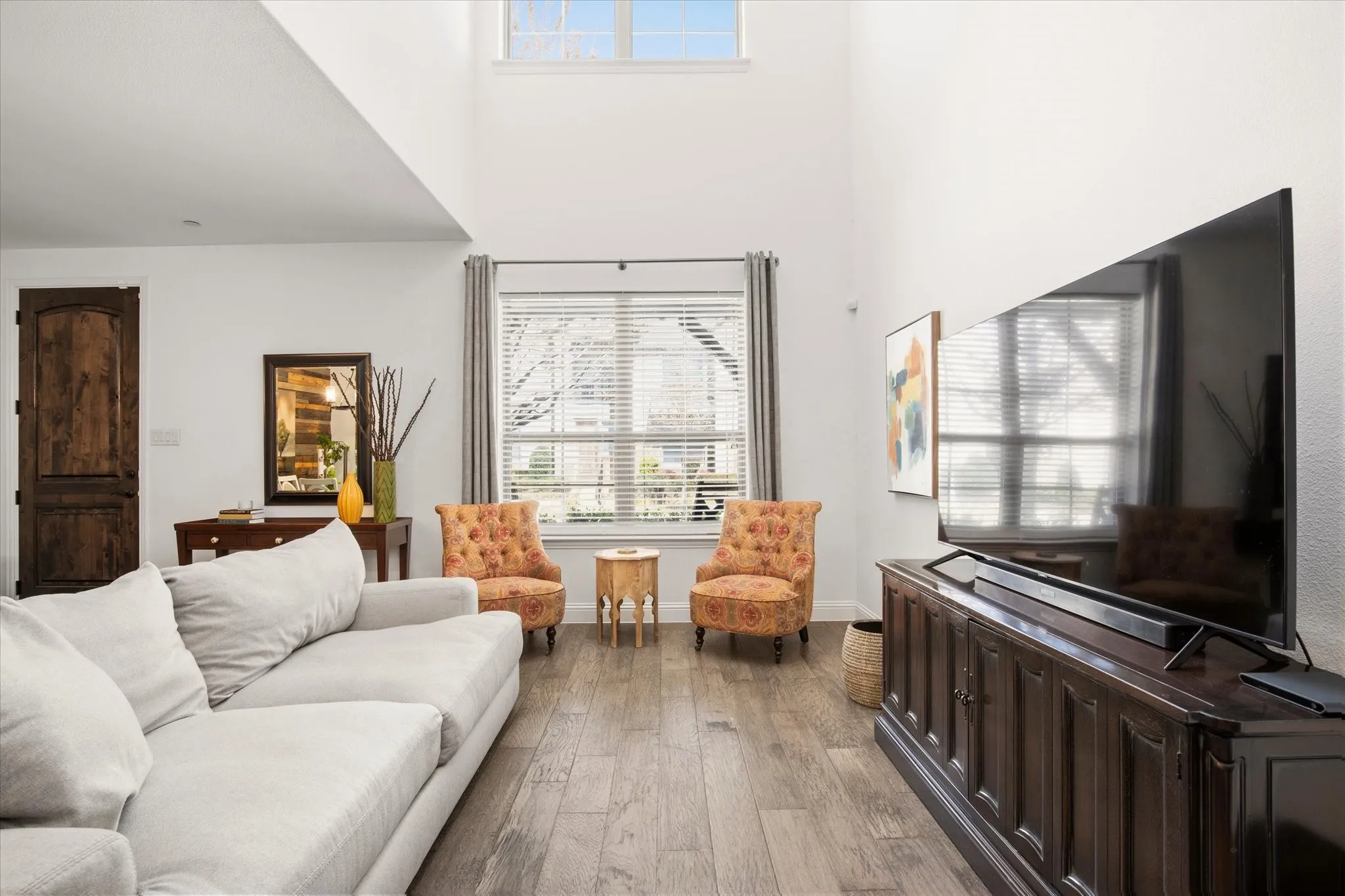 Looking across the room to see the large picture windows.