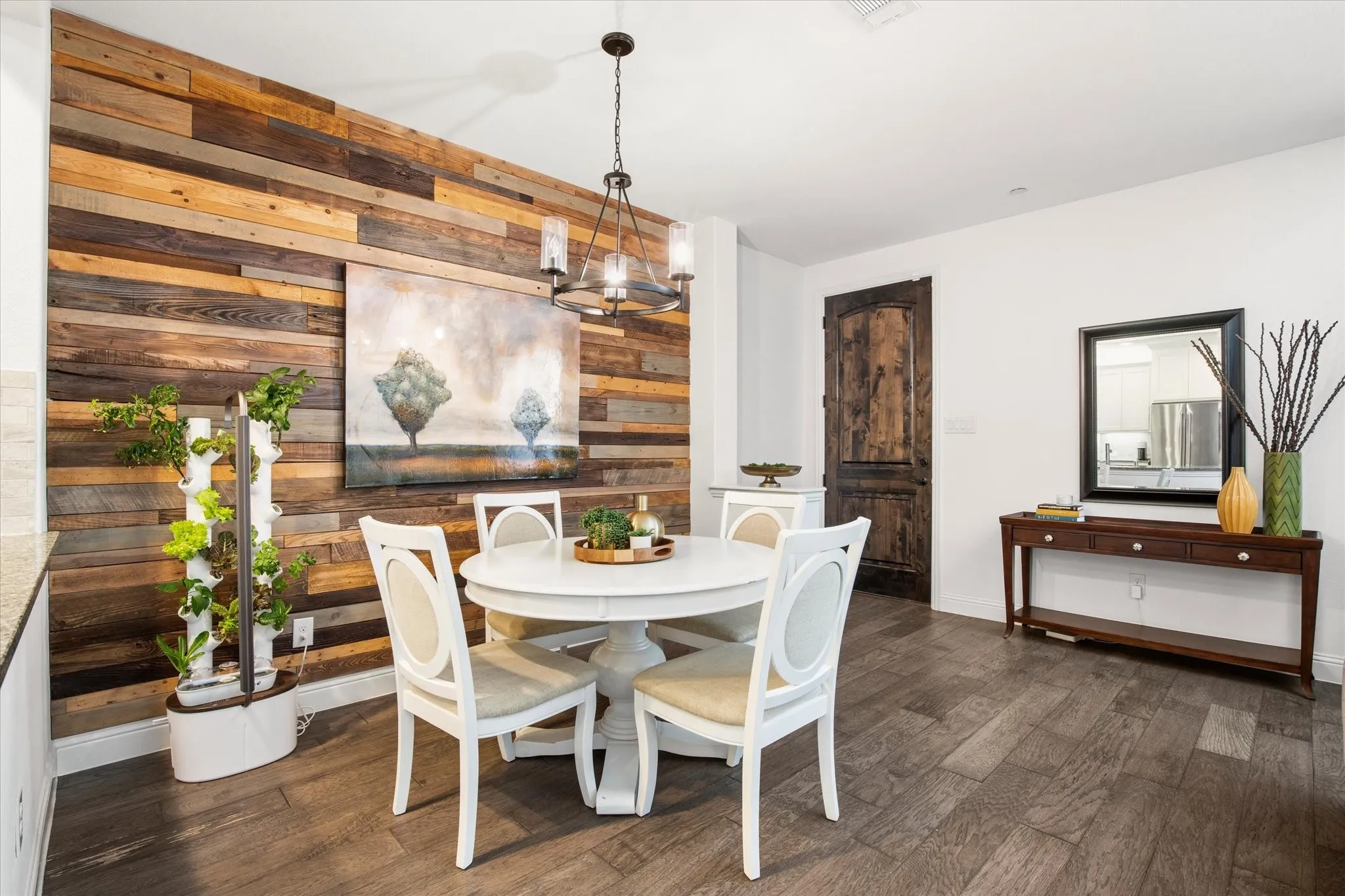The dining space is large enough for any shaped table and chairs.