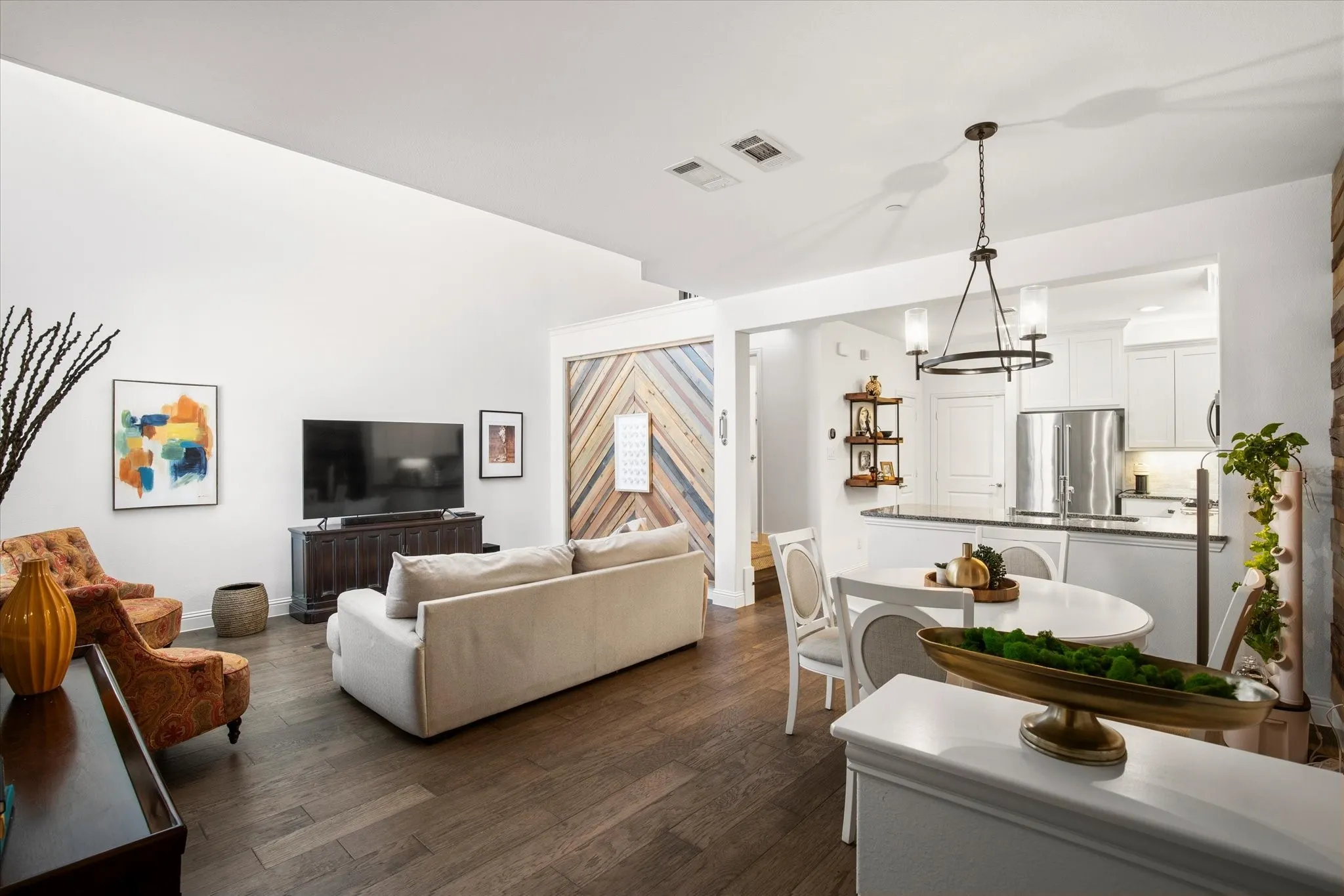 As you enter the home, the living room is light and bright.