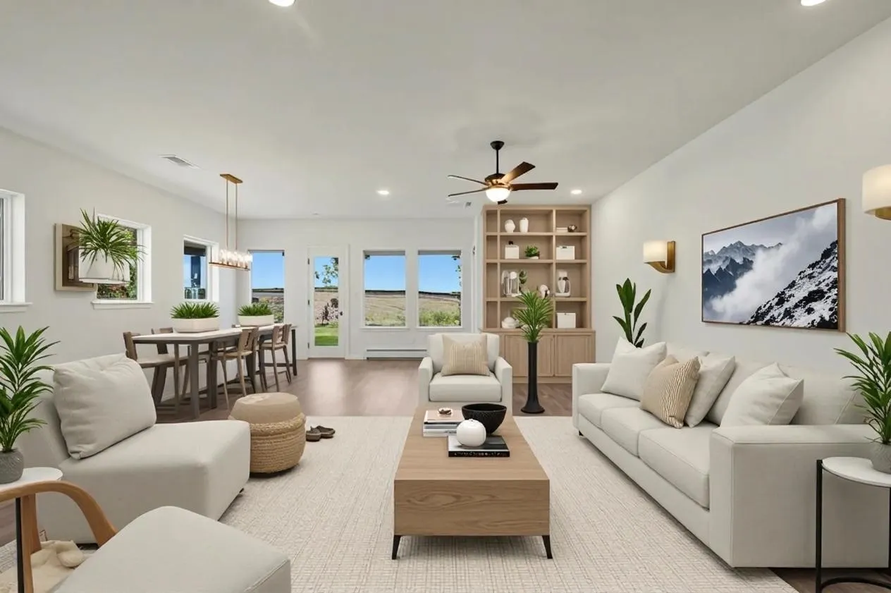 Open-concept living area featuring wood-finish flooring, recessed lighting, and a built-in bookshelf