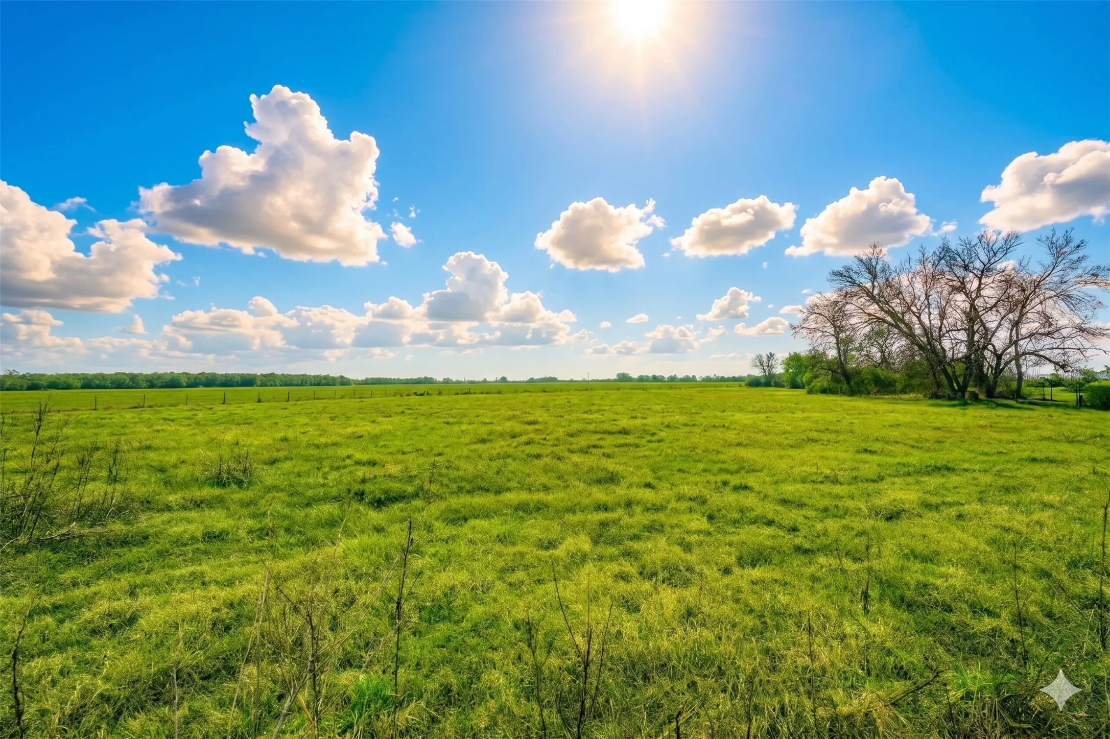 Expansive green pasture with mature trees and a distant tree line
