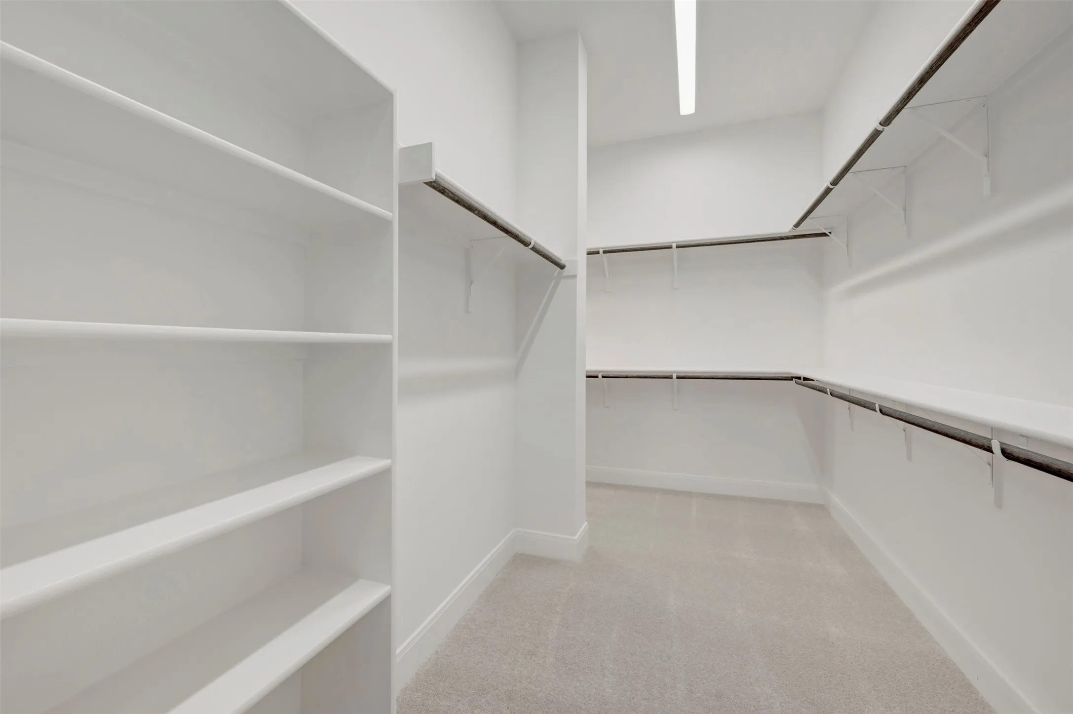 Walk-in closet featuring built-in shelving, multiple hanging rods, and light-colored carpeting