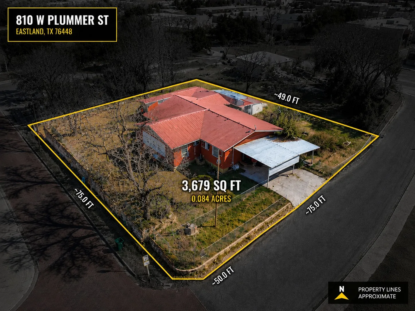 Angled aerial view of the property featuring highlighted boundary lines around the home lot.