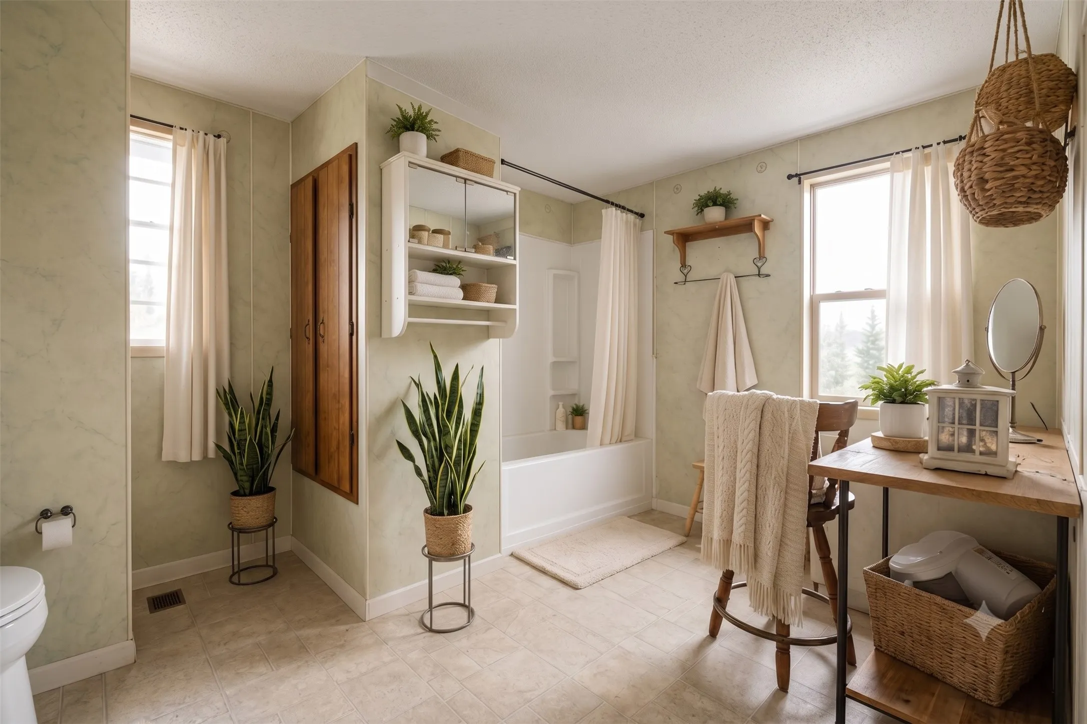 Bathroom featuring a white bathtub with an overhead shower, a wall-mounted mirrored medicine cabinet, a built-in wooden cabinet, and a window with natural light