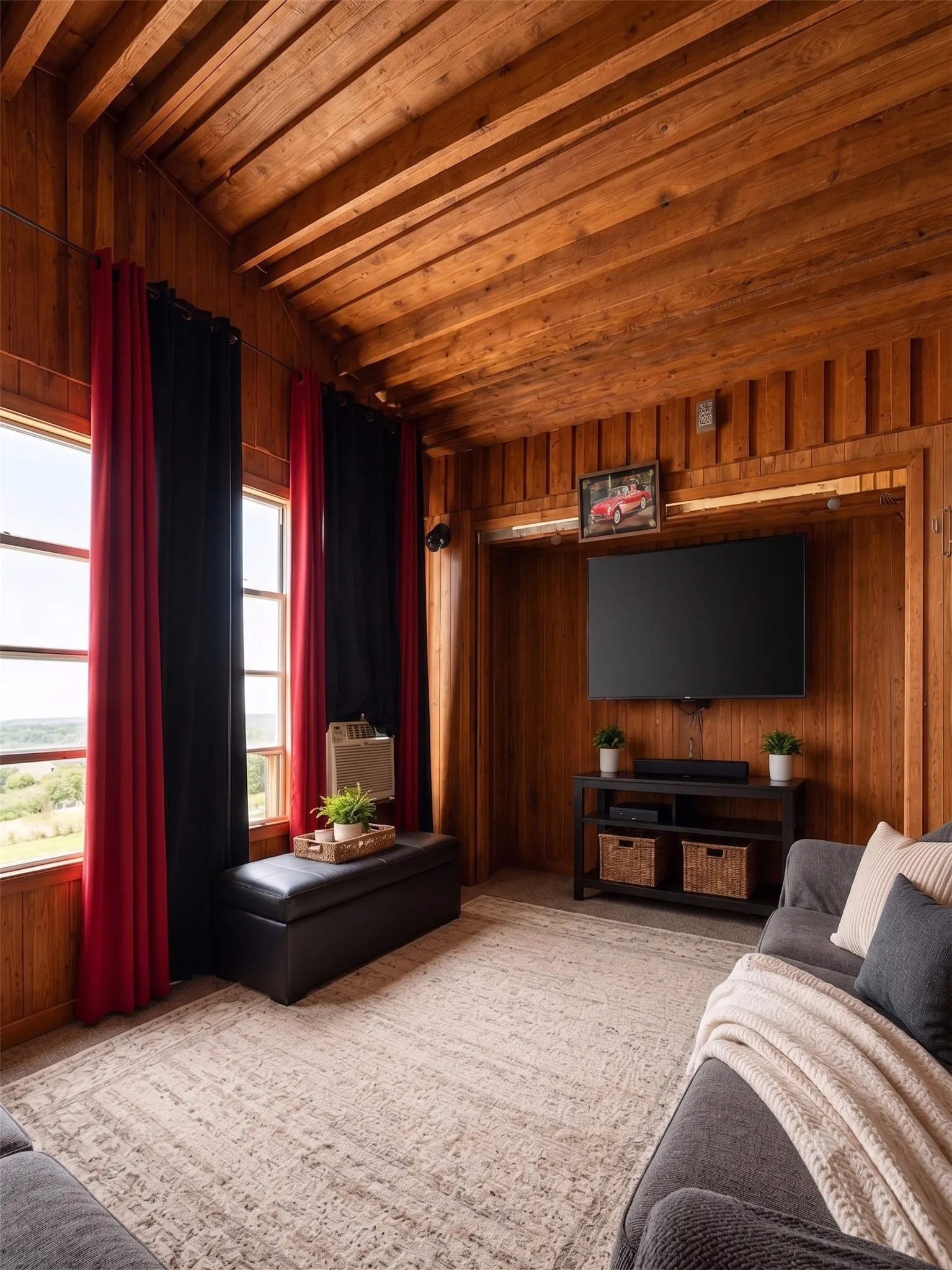 Wood-paneled living room featuring comfortable seating and natural light from the windows.