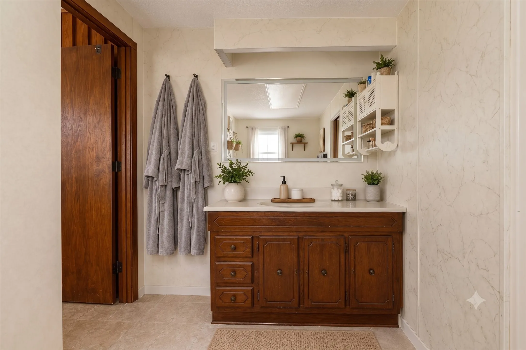 Bathroom vanity featuring a wood-finish base with cabinet storage and multiple drawers, topped with a light-toned countertop