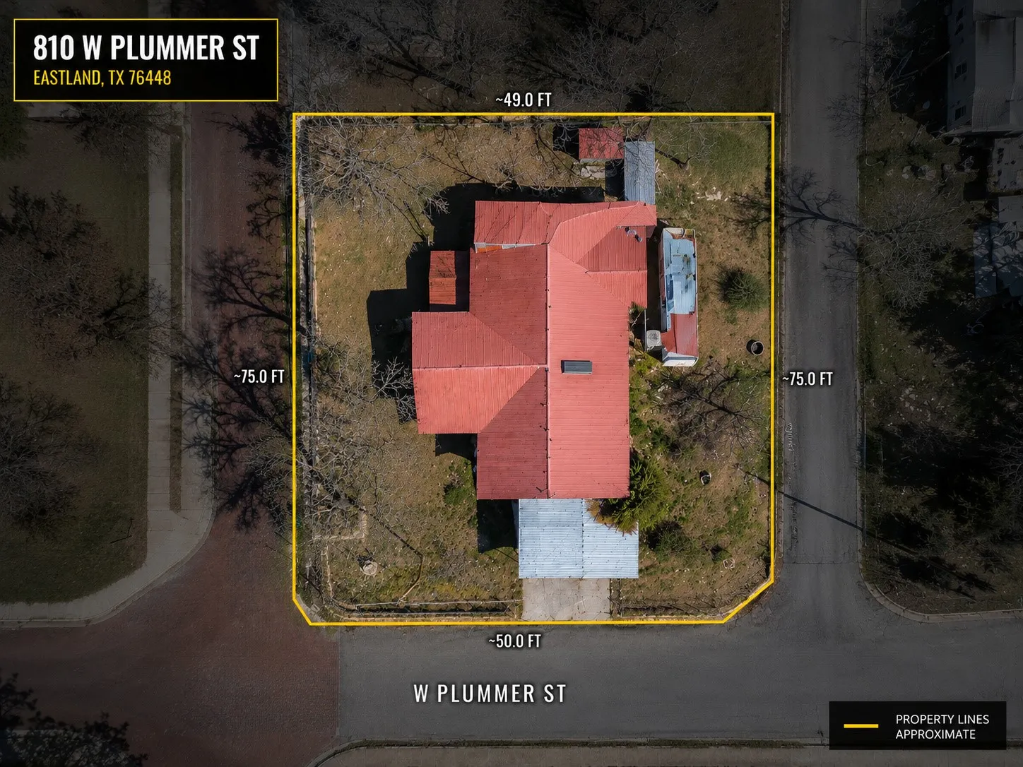 Top-down overhead satellite map outlining the complete property boundaries.