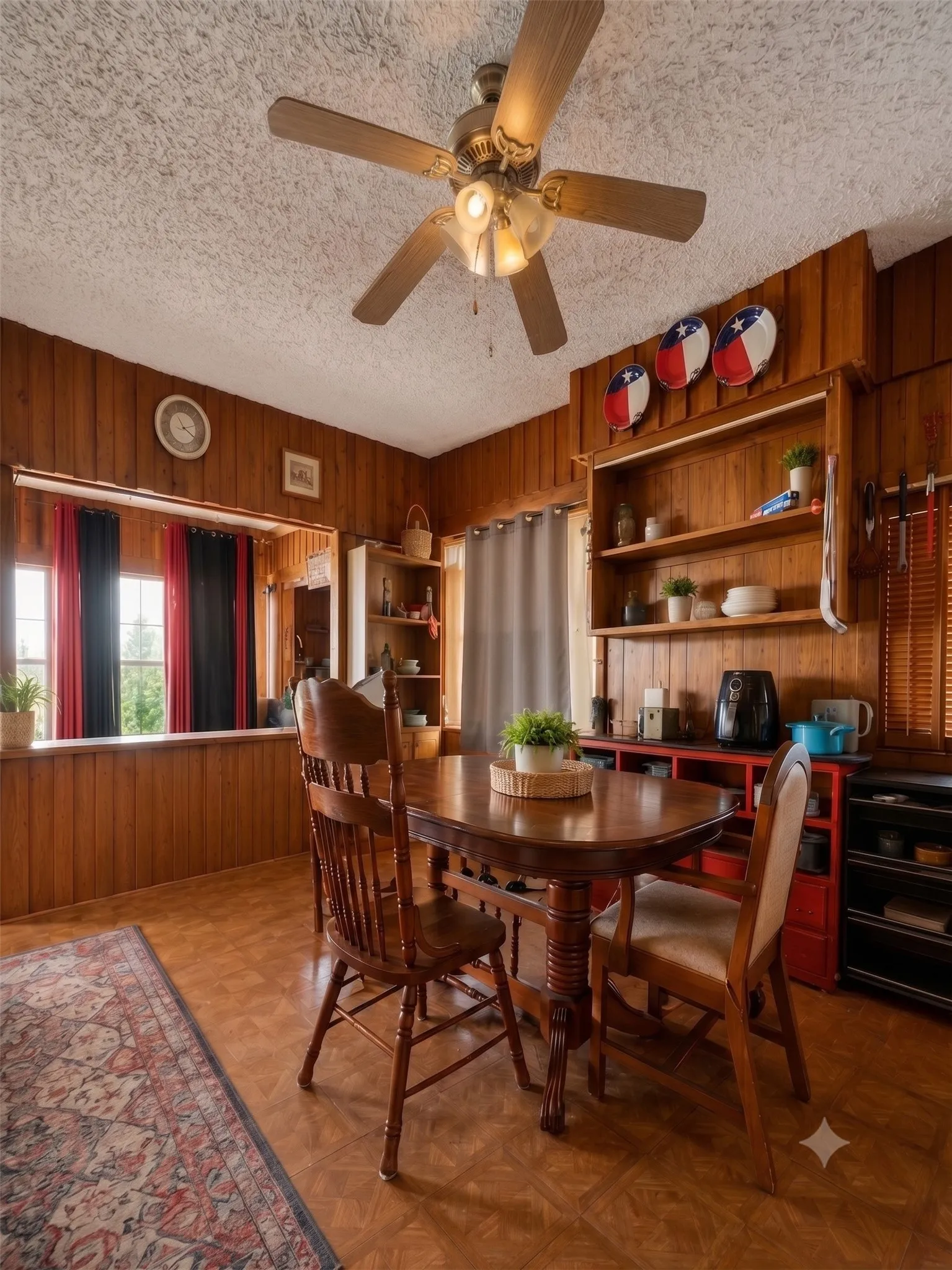 Wood-paneled room featuring a built-in shelving unit and a pass-through opening