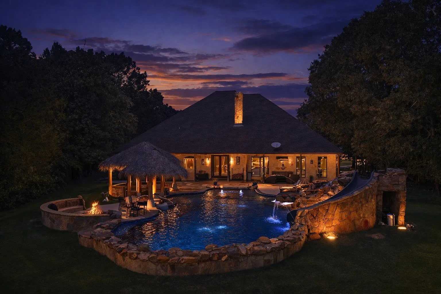 Expansive backyard oasis featuring a freeform pool with integrated waterfalls and a rock-built slide