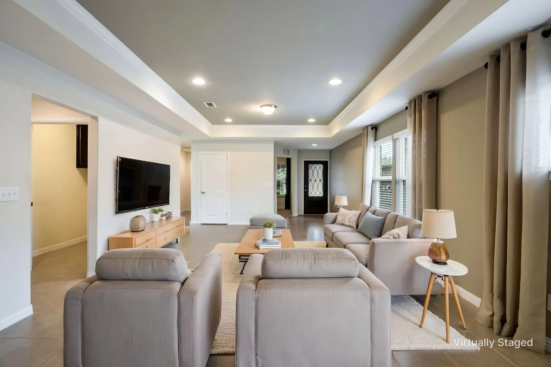 Virtually Staged Living Room.  Open concept with Living-Dining-Kitchen
