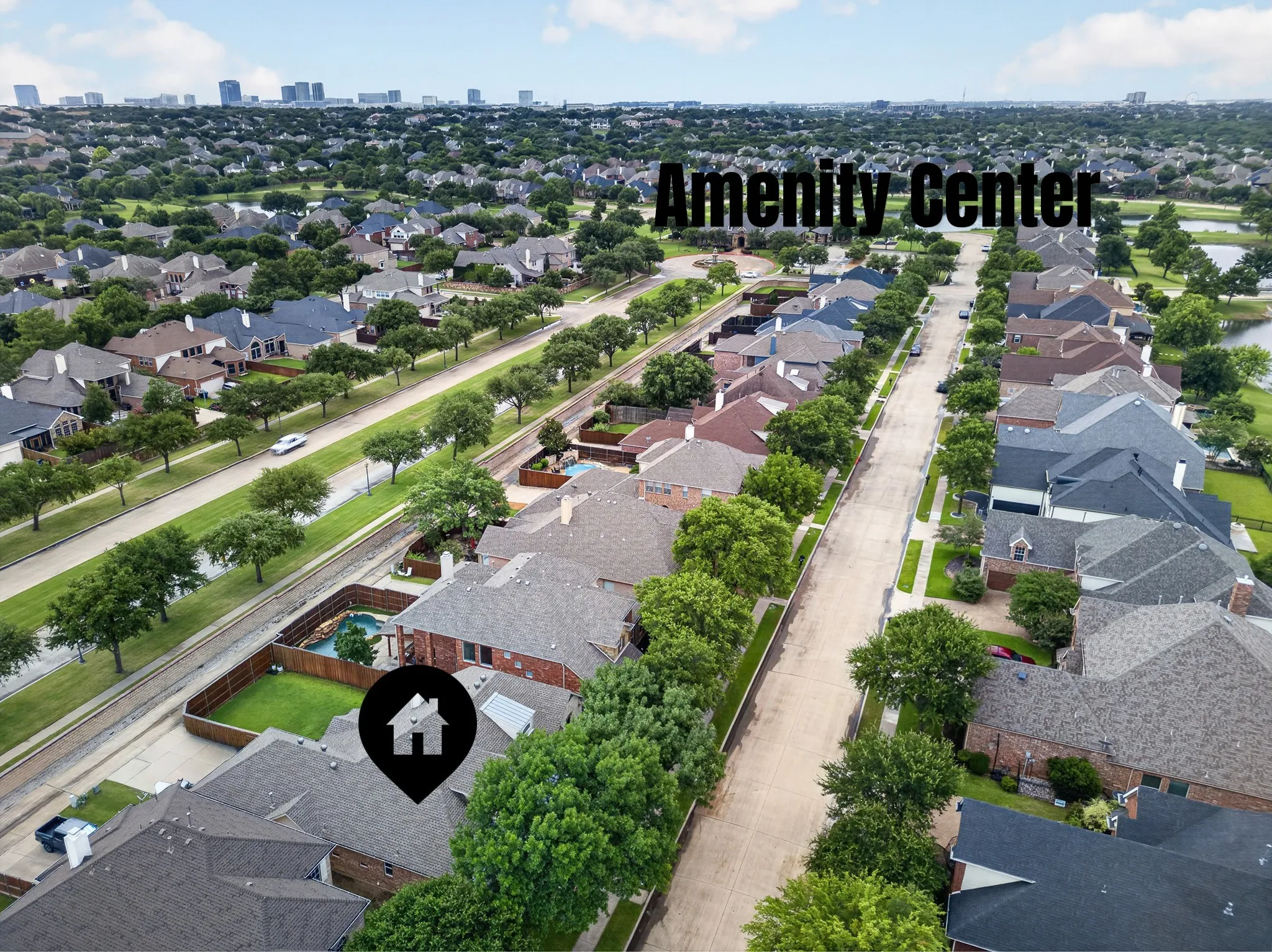 Aerial perspective showcasing a residential street with mature tree-lined sidewalks and close proximity to the clubhouse.