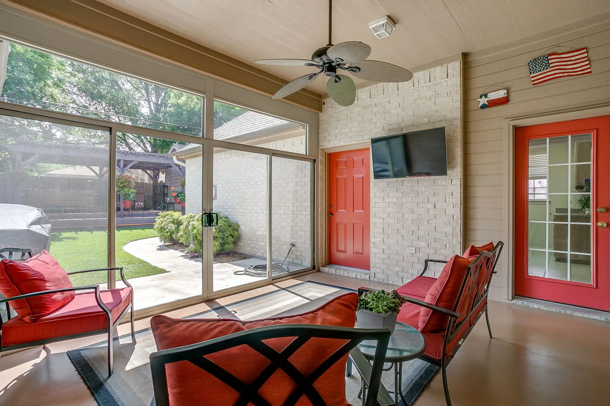 Screened in seating area.