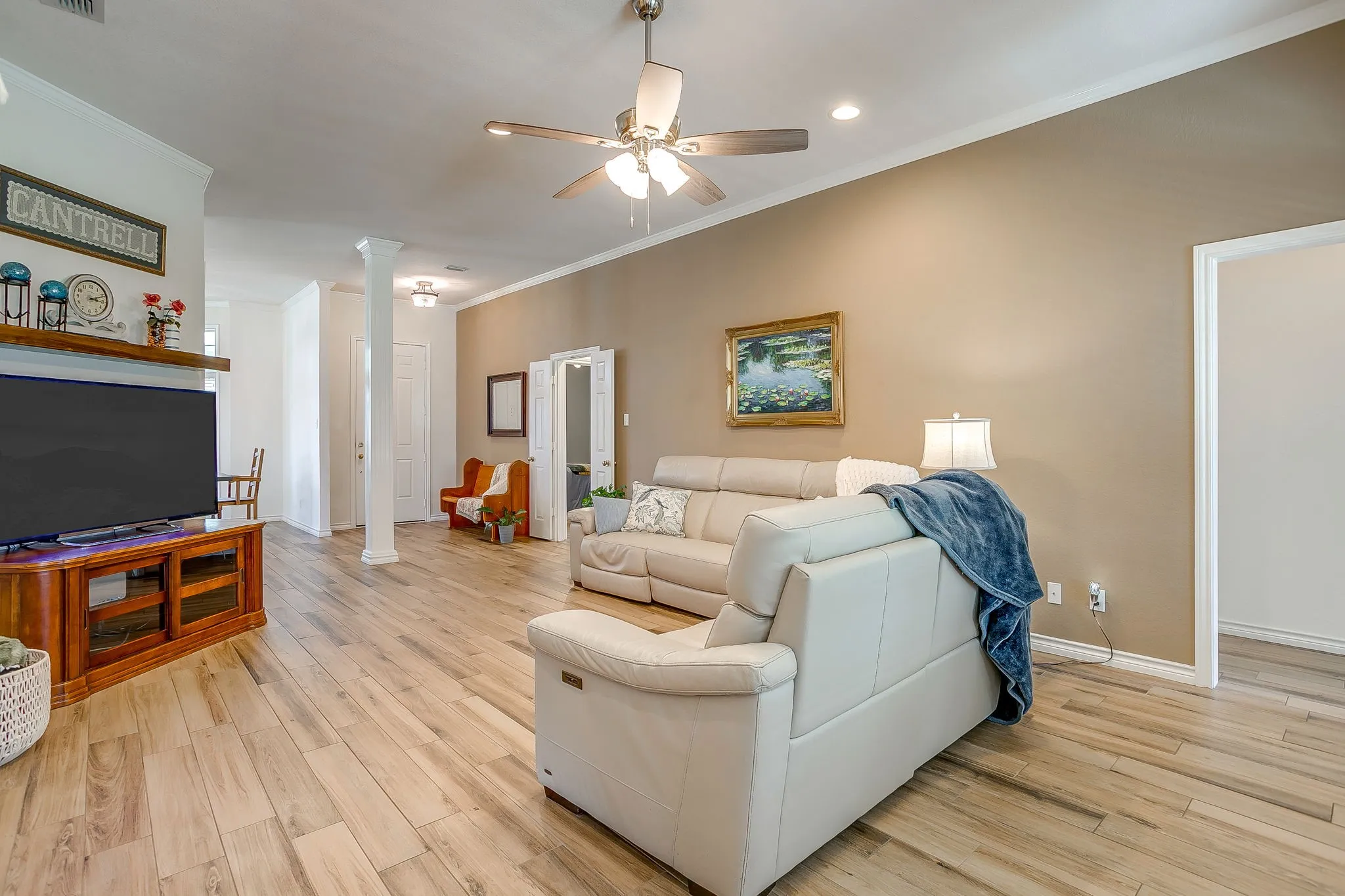 Open living area into dining area.