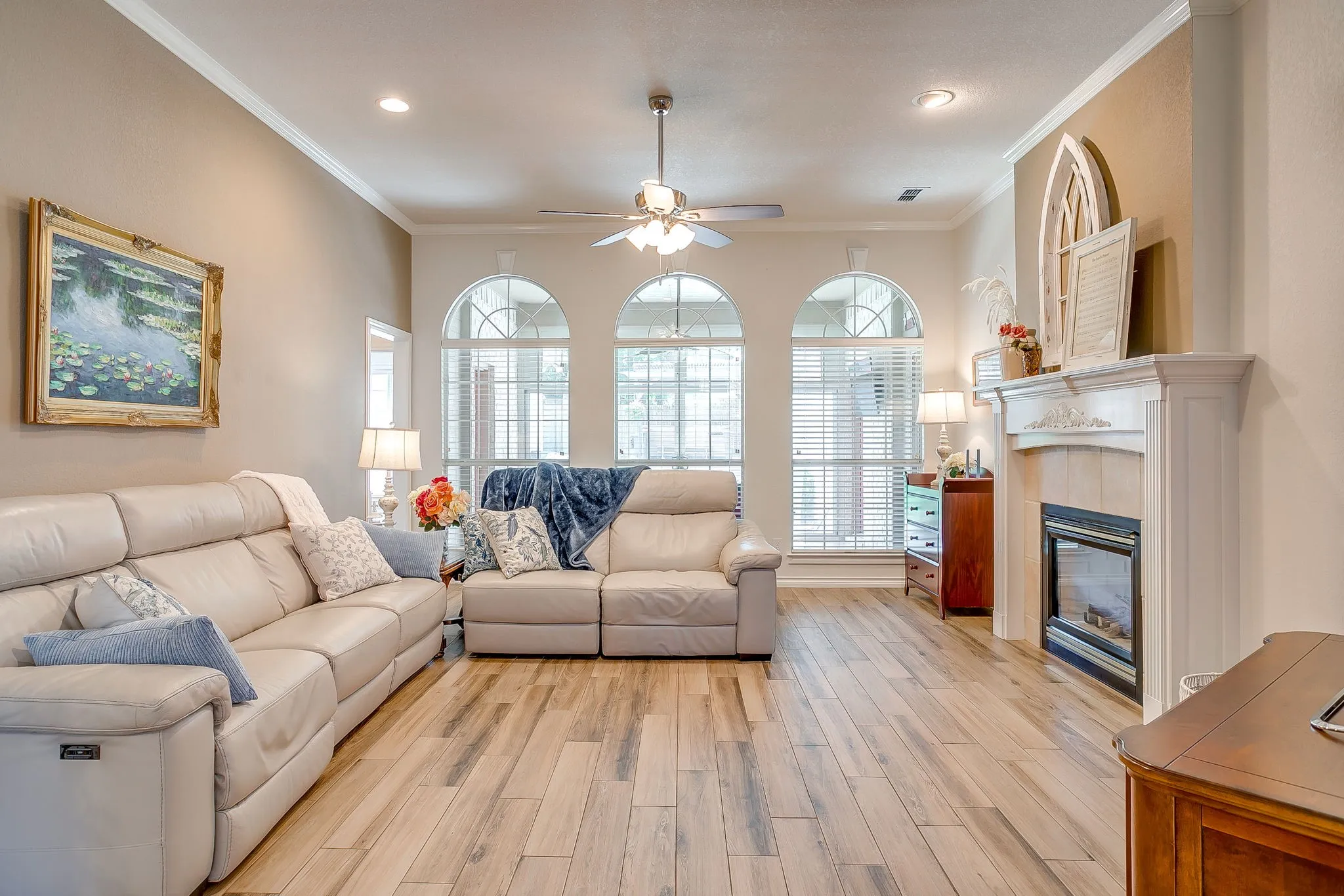 Fireplace with cozy seating.