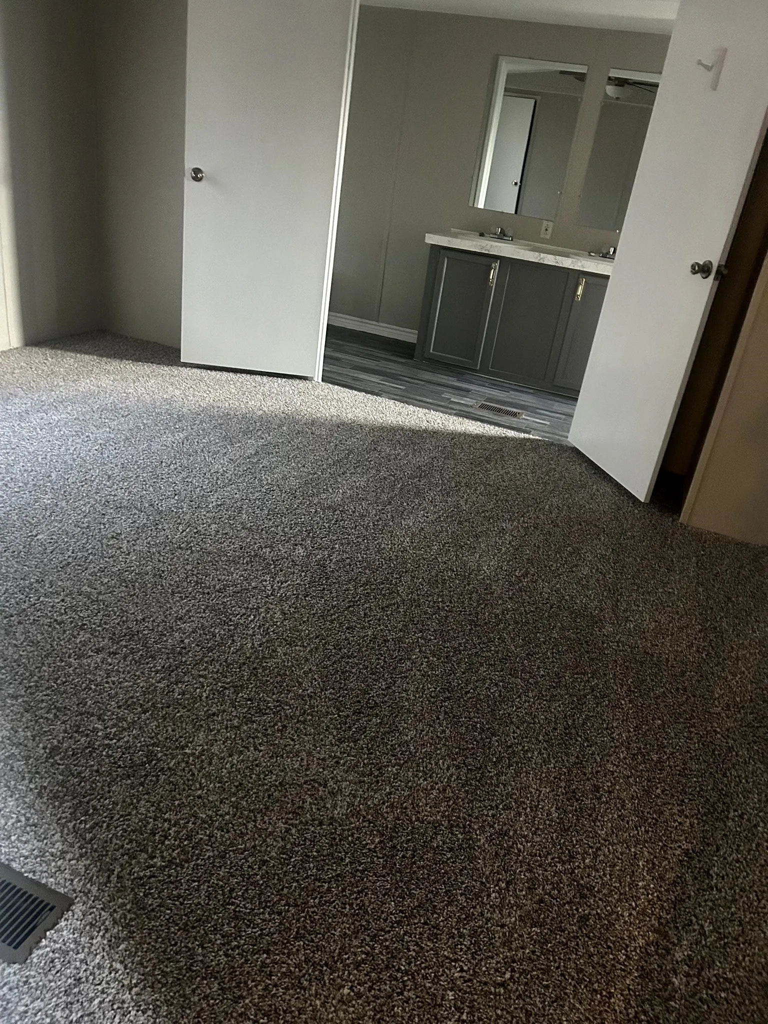 Plush gray carpeting throughout the room, featuring a double vanity bathroom with gray cabinetry, dual mirrors, and wood-finish flooring