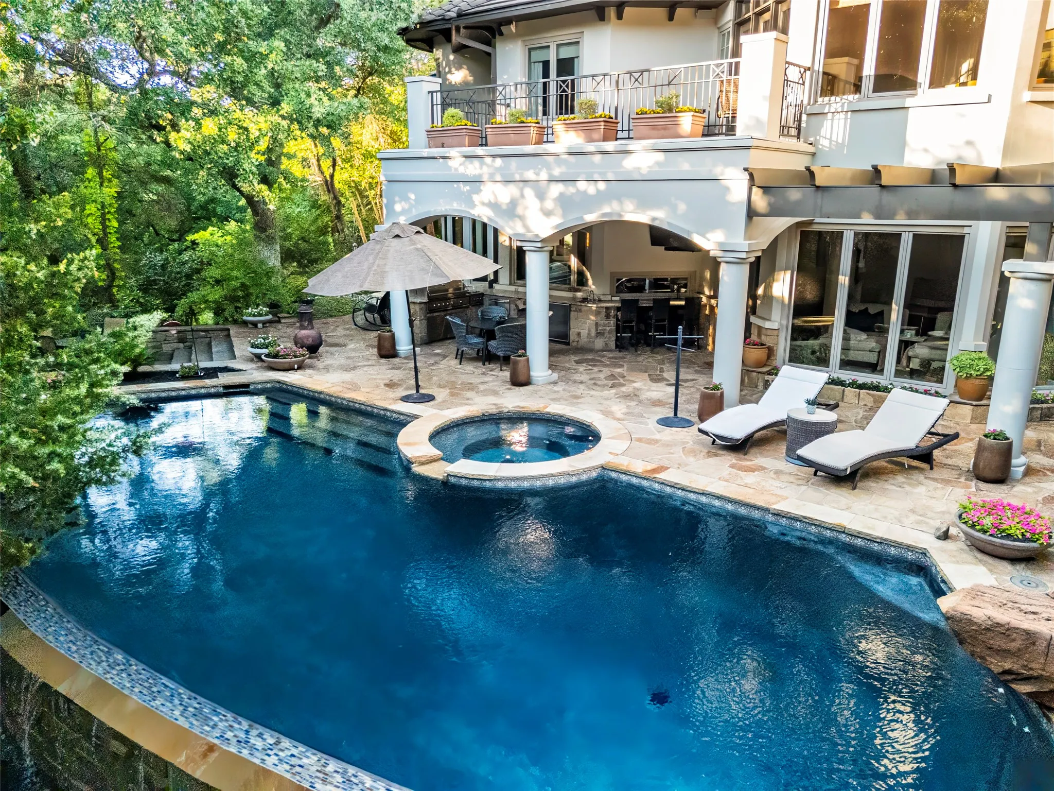 Arial view of pool, spa and outdoor living.