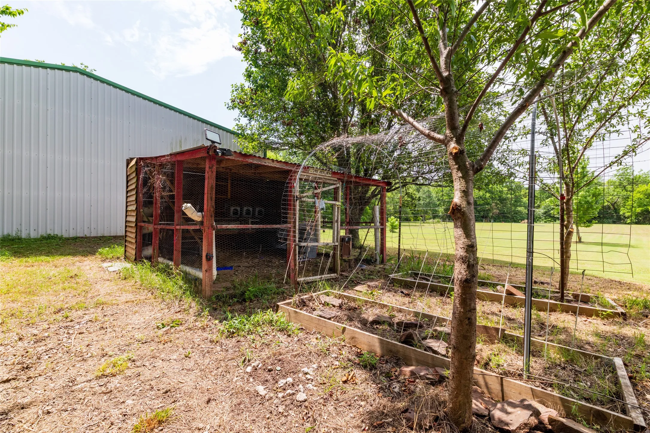 Barn, chicken coop and greenhuse