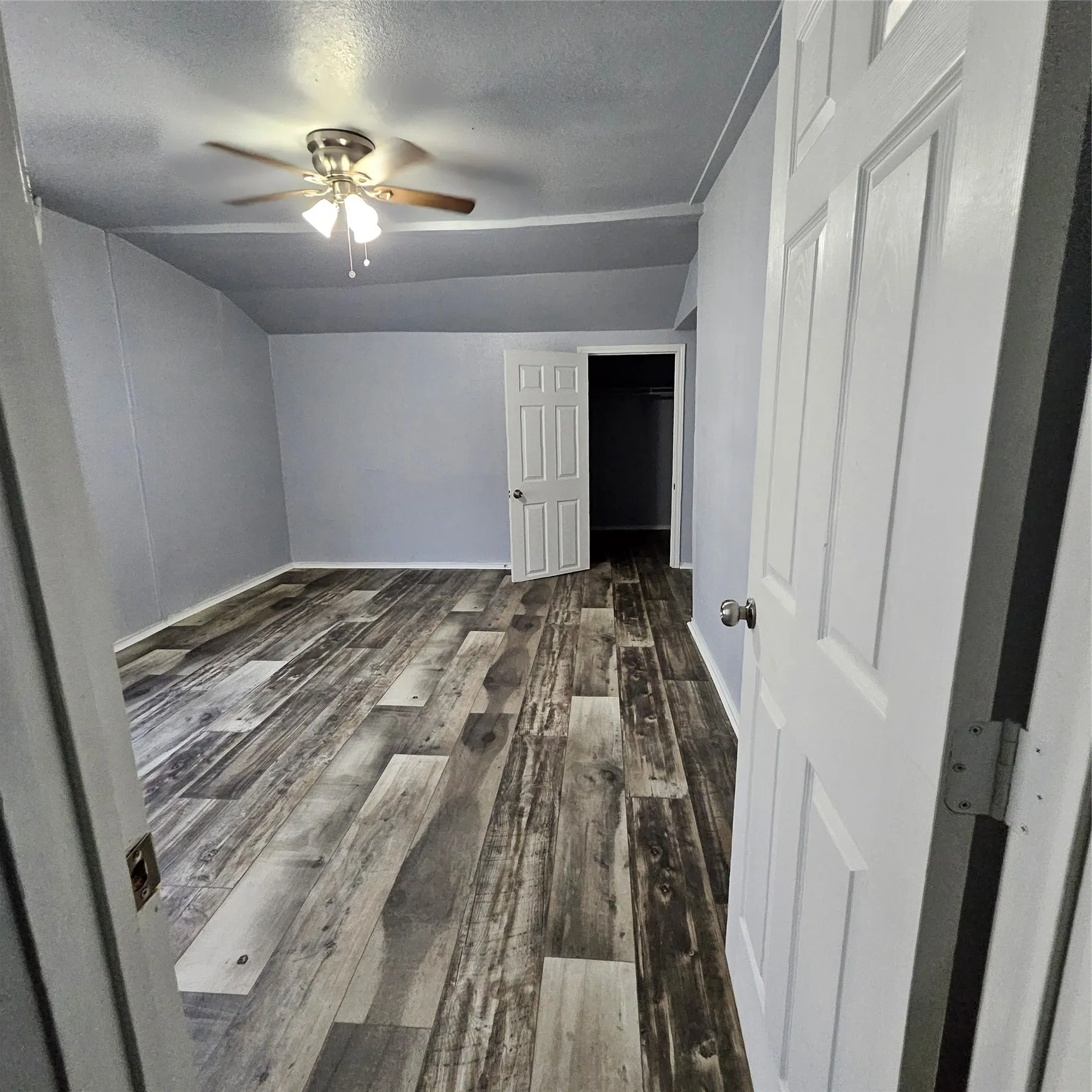 Spacious room featuring wood-finish flooring, light grey painted walls, and a ceiling fan with integrated lighting