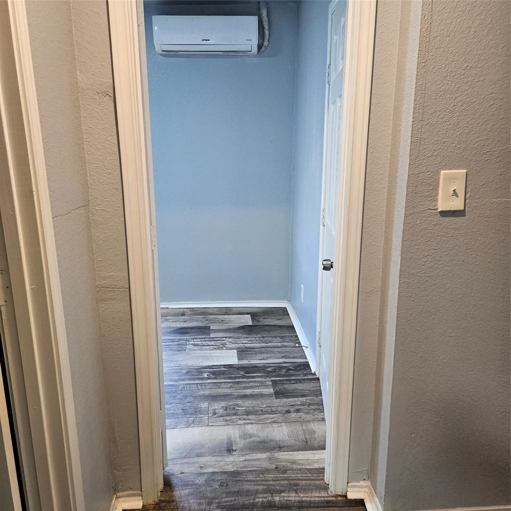 Interior room featuring a wall-mounted mini-split system, wood-finish flooring, light blue wall paint, and white baseboards