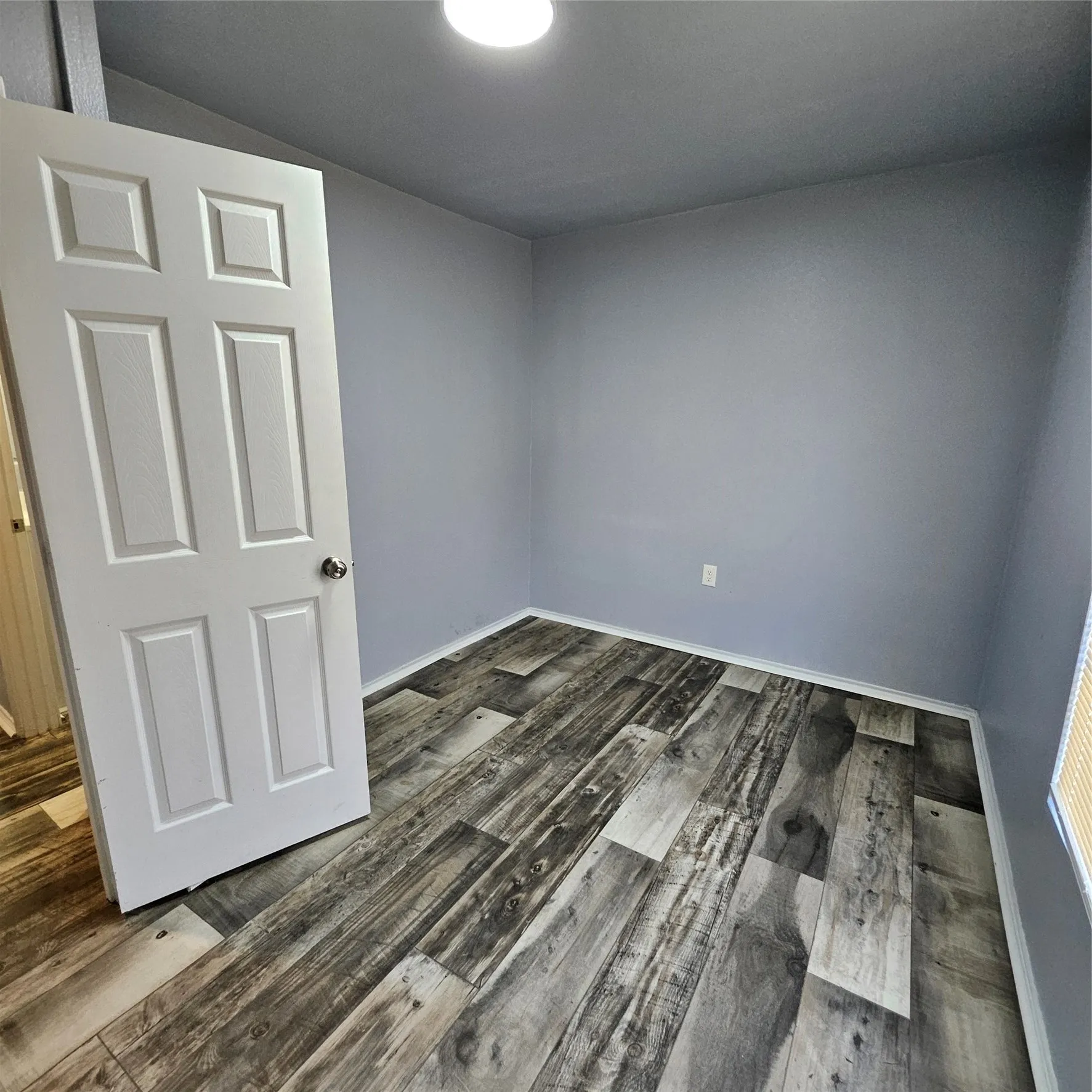 Room featuring cool-toned walls and wood-finish flooring