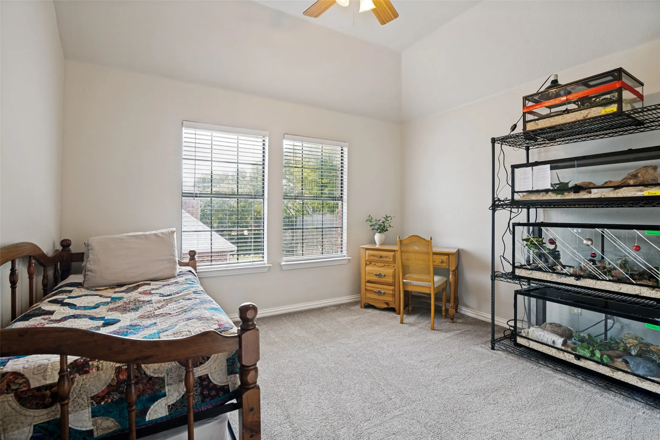 Carpeted room featuring a vaulted ceiling and two windows with blinds