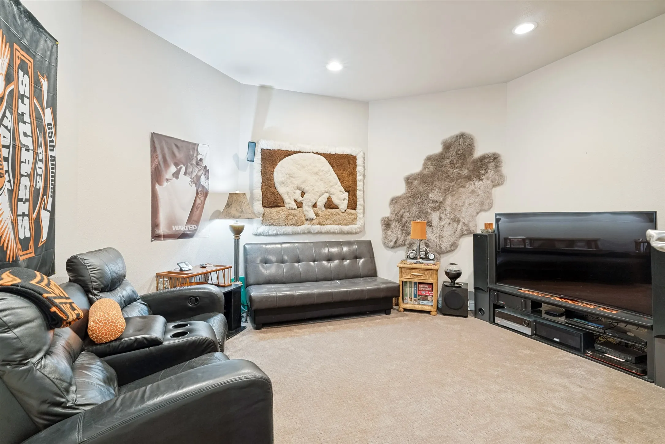 Carpeted recreation room featuring recessed lighting and ample wall space