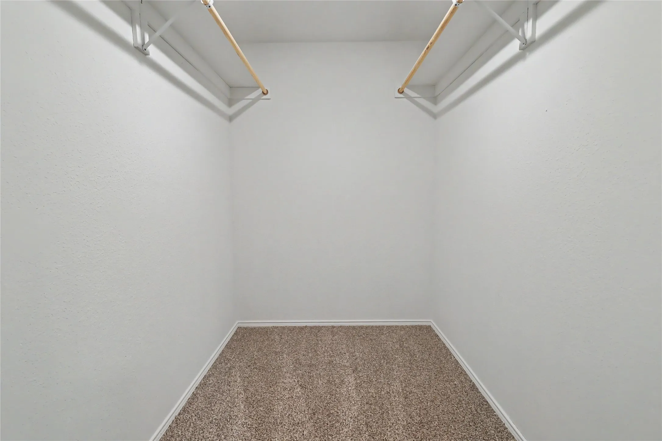 Spacious closet featuring neutral tone carpet, white baseboards, and light gray walls