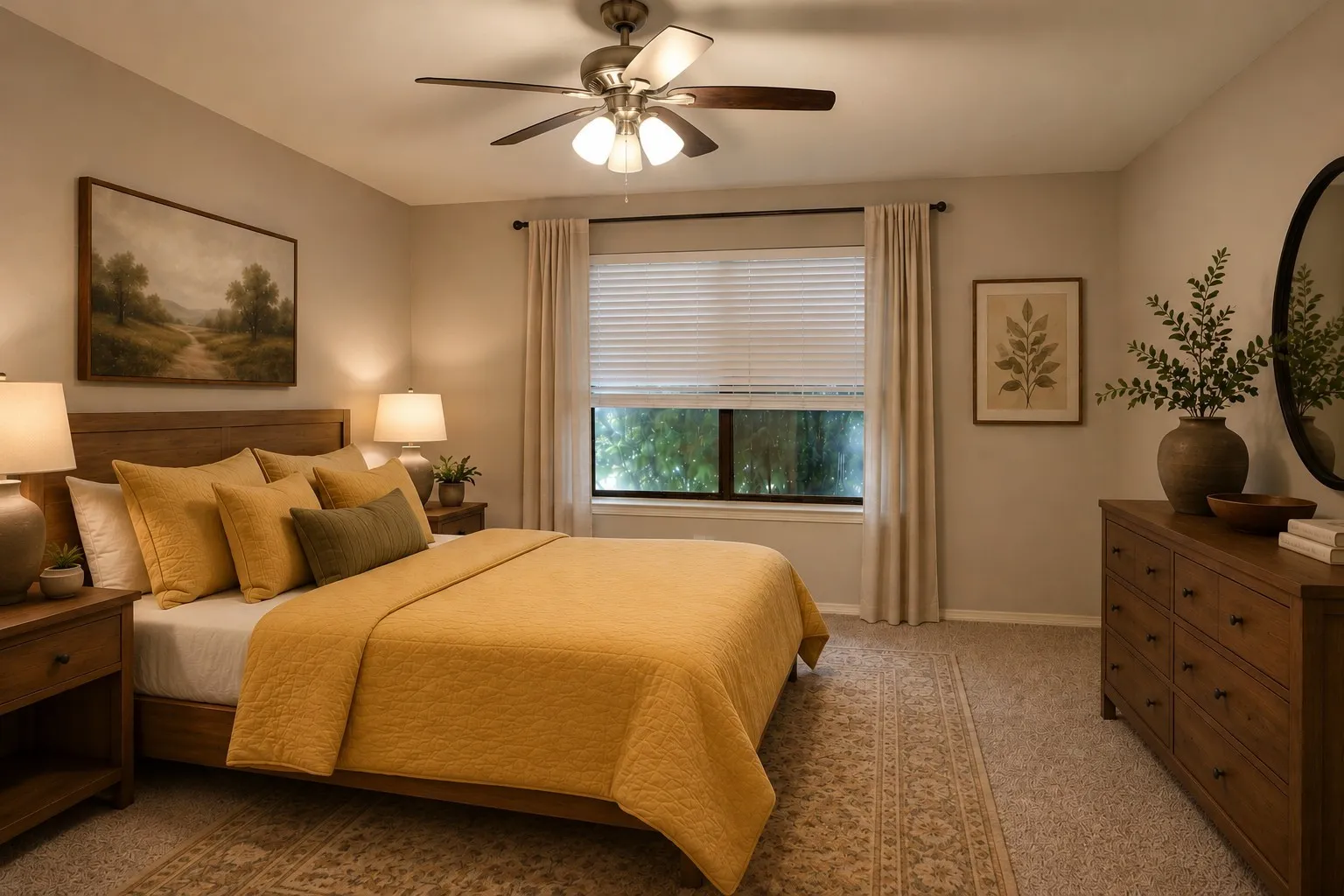 Virtually staged. Carpeted bedroom featuring a wooden bed frame, coordinating nightstands, and a built-in ceiling fan with integrated lighting