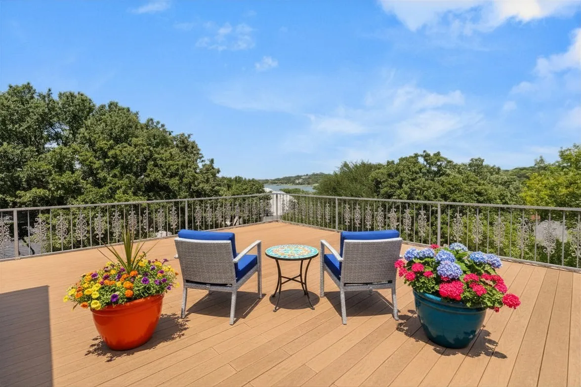A 1200 square-foot deck with a beautiful (partial) view of Lake Arlington