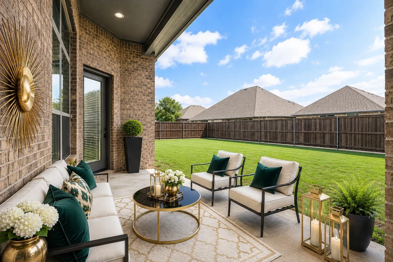 Covered patio with a brick exterior, concrete flooring, recessed lighting, and a private fenced yard with mature grass