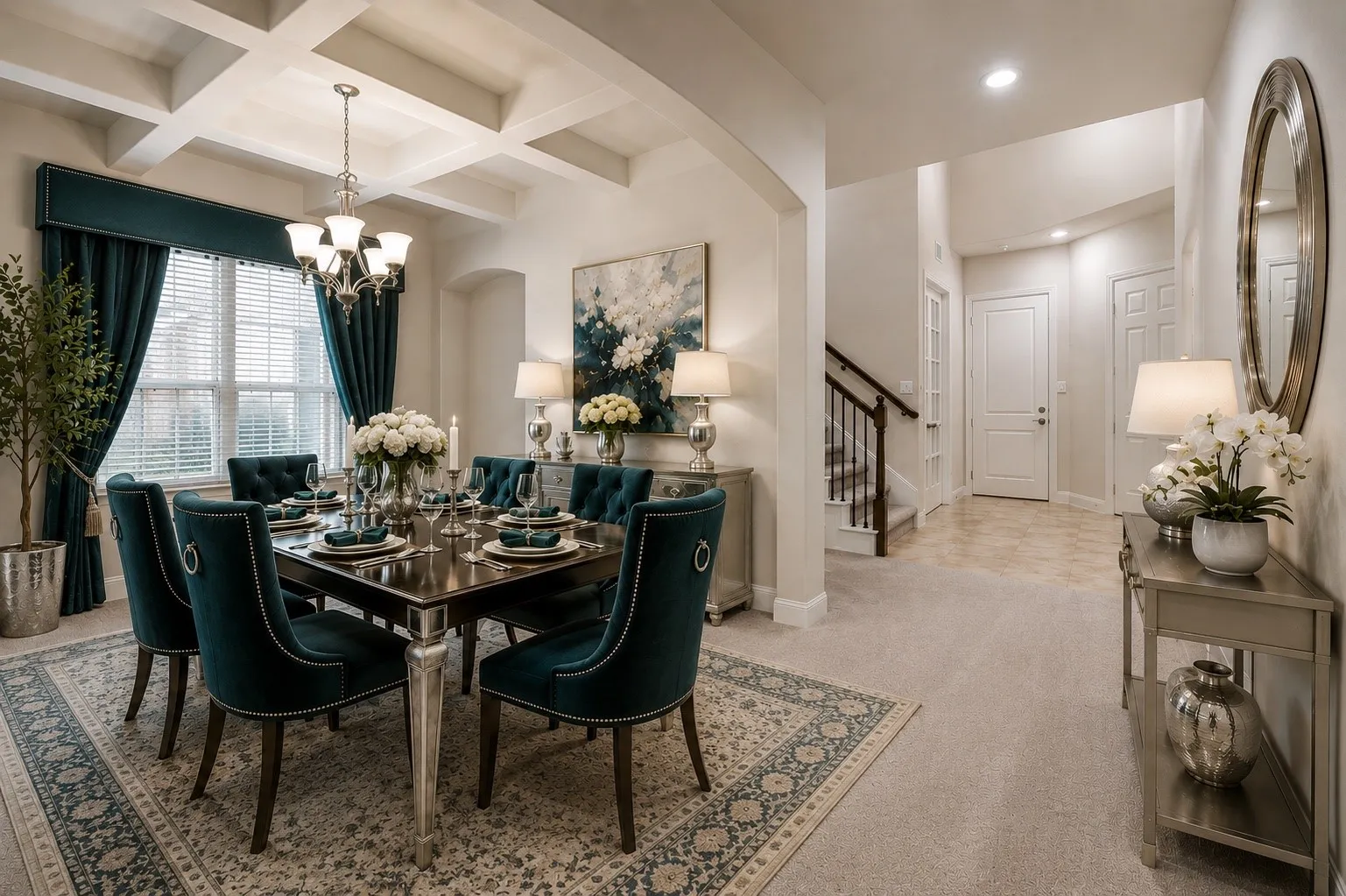 Formal dining space featuring a coffered ceiling and a multi-light chandelier