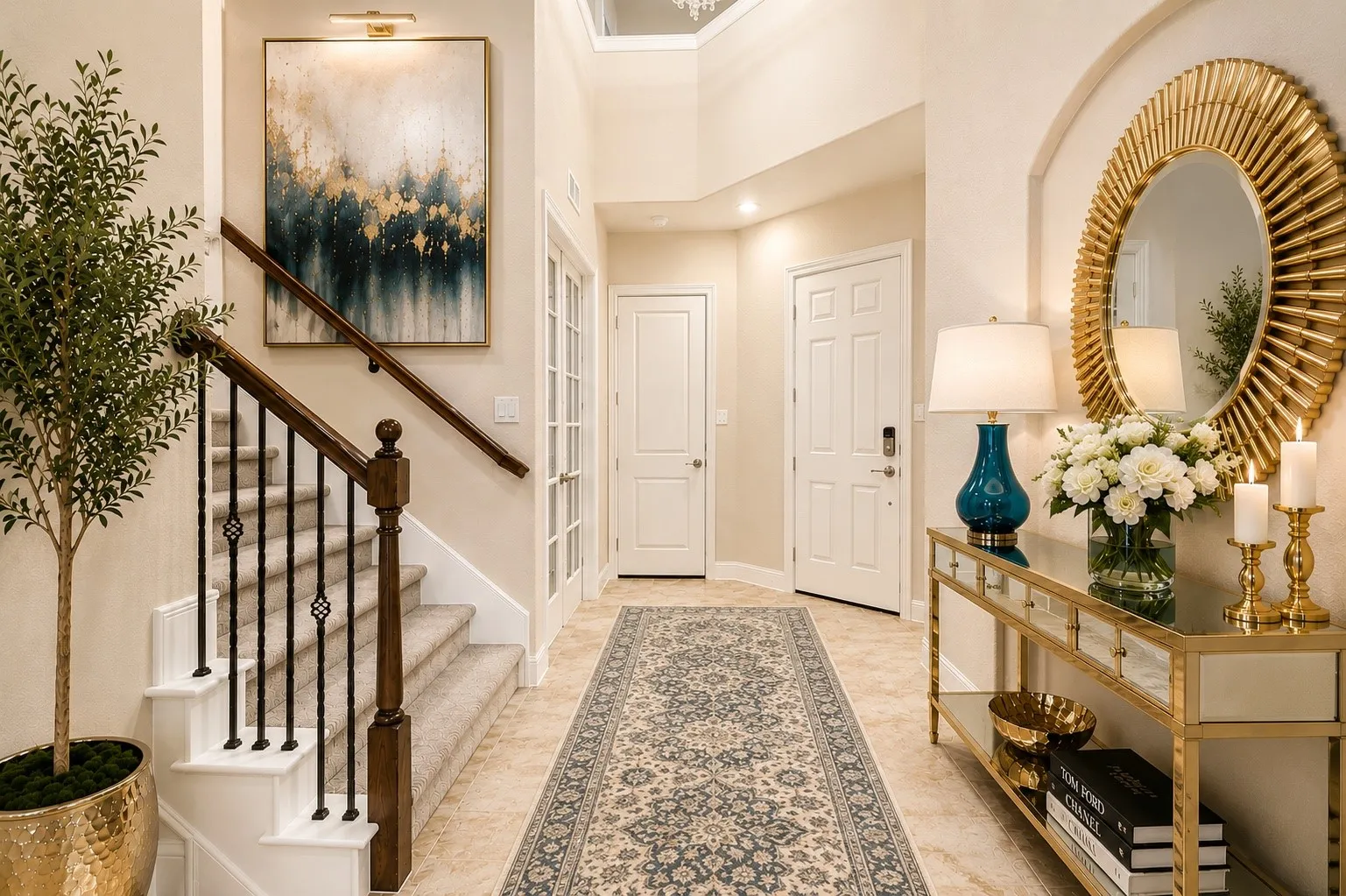 Inviting foyer featuring tile flooring, a carpeted staircase with dark wood handrails and wrought iron balusters, and a paneled entry door