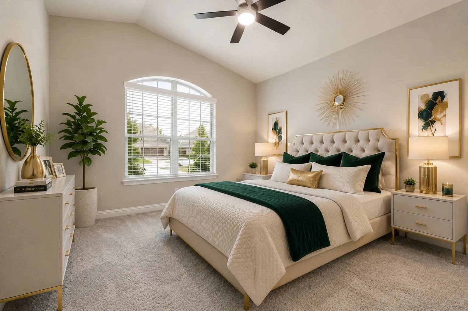 Vaulted ceiling bedroom featuring a large arched window with horizontal blinds, neutral wall tones, plush carpeting, and a ceiling fan with integrated lighting