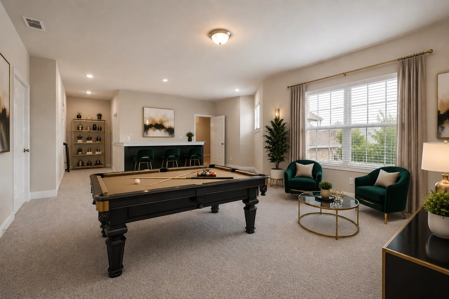 Spacious carpeted room featuring a built-in bar, a large window with blinds, and recessed ceiling lighting