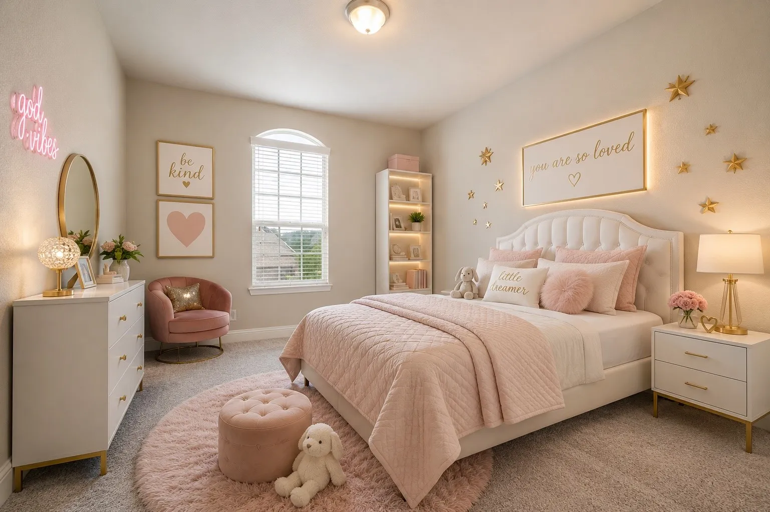 Bedroom featuring a high vaulted ceiling, arched window with horizontal blinds, built-in shelving with integrated lighting, and carpeted flooring
