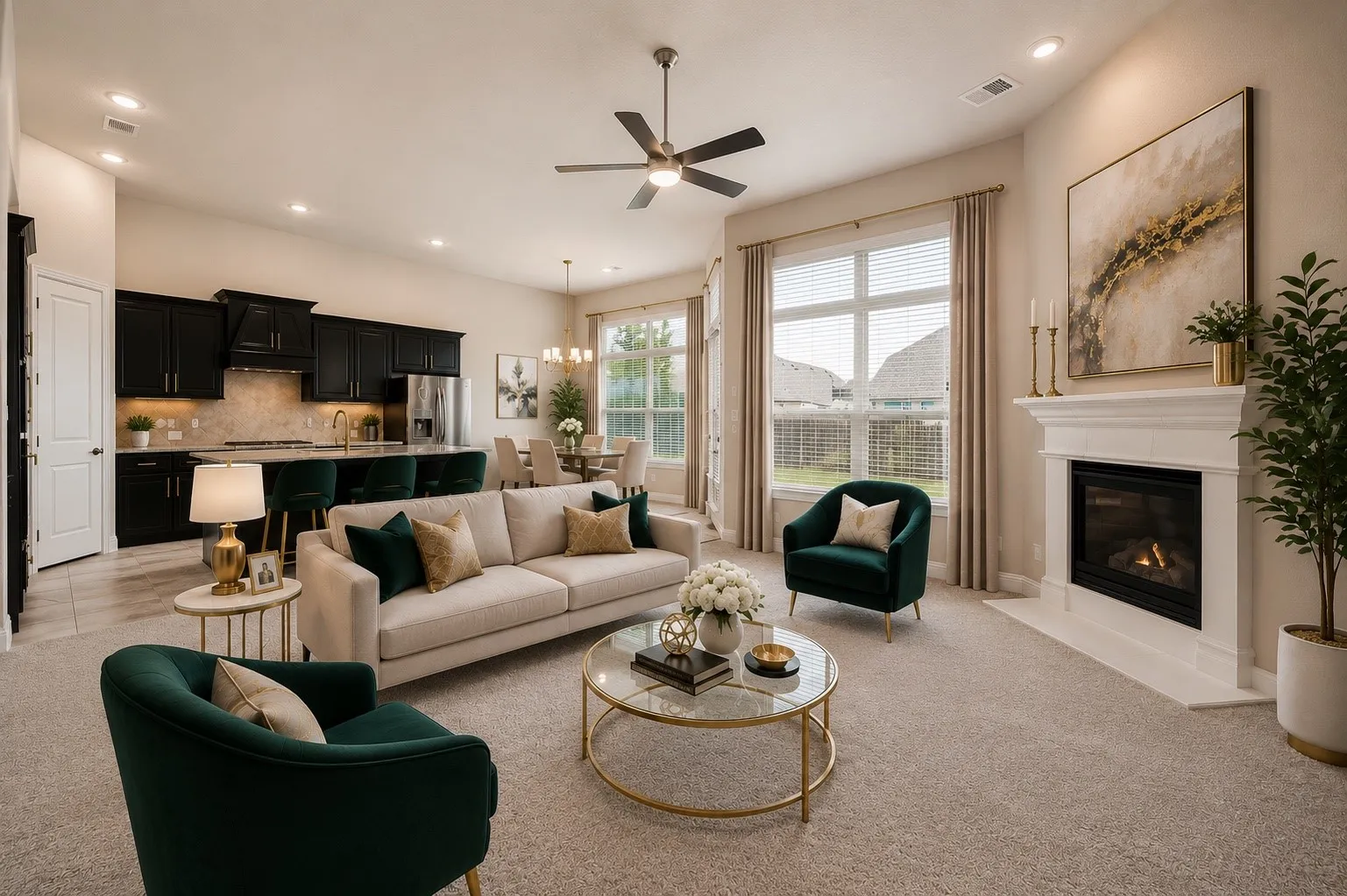 Open-concept living space featuring a fireplace with a white mantel, recessed lighting, and light-tone carpeting