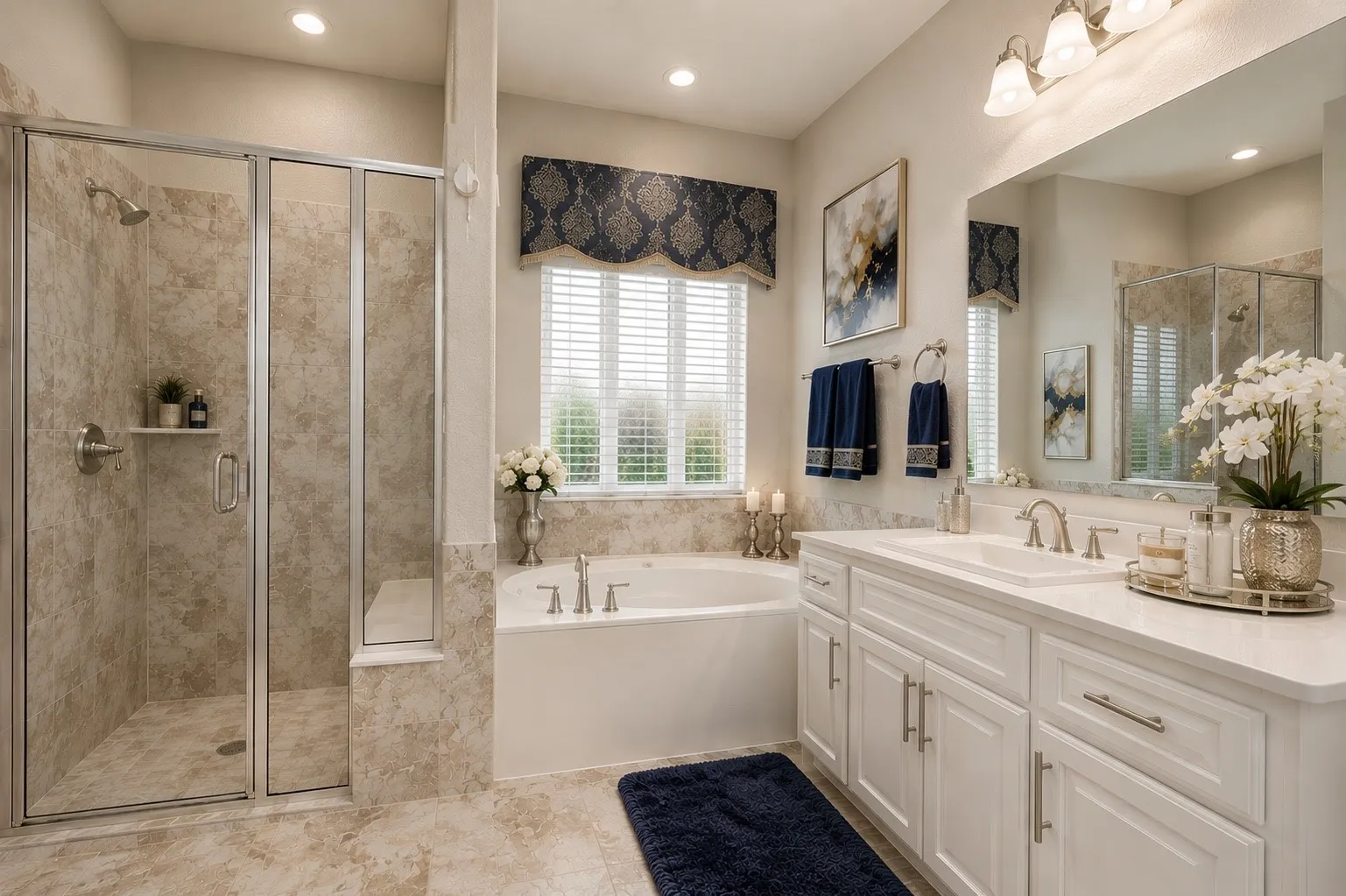 Master bath, Spacious bathroom featuring a glass-enclosed shower with a built-in bench, a separate soaking tub, and a double vanity with white cabinetry