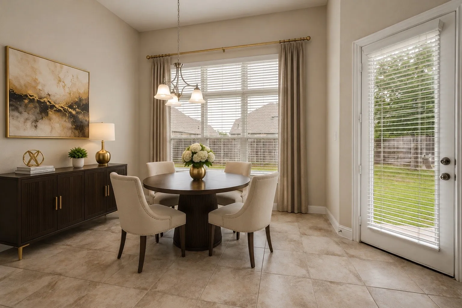 Dining area featuring tile flooring, a large window with blinds and drapes, a glass-paned door, and a three-light chandelier