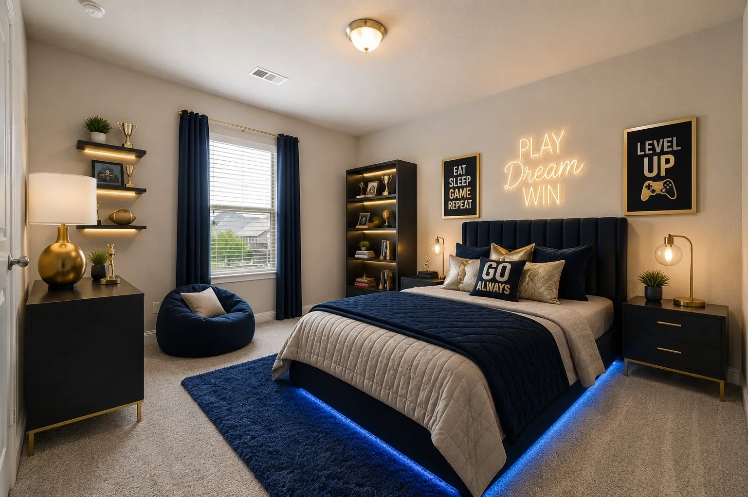Carpeted bedroom featuring a window with blinds, recessed lighting, and a built-in bookshelf