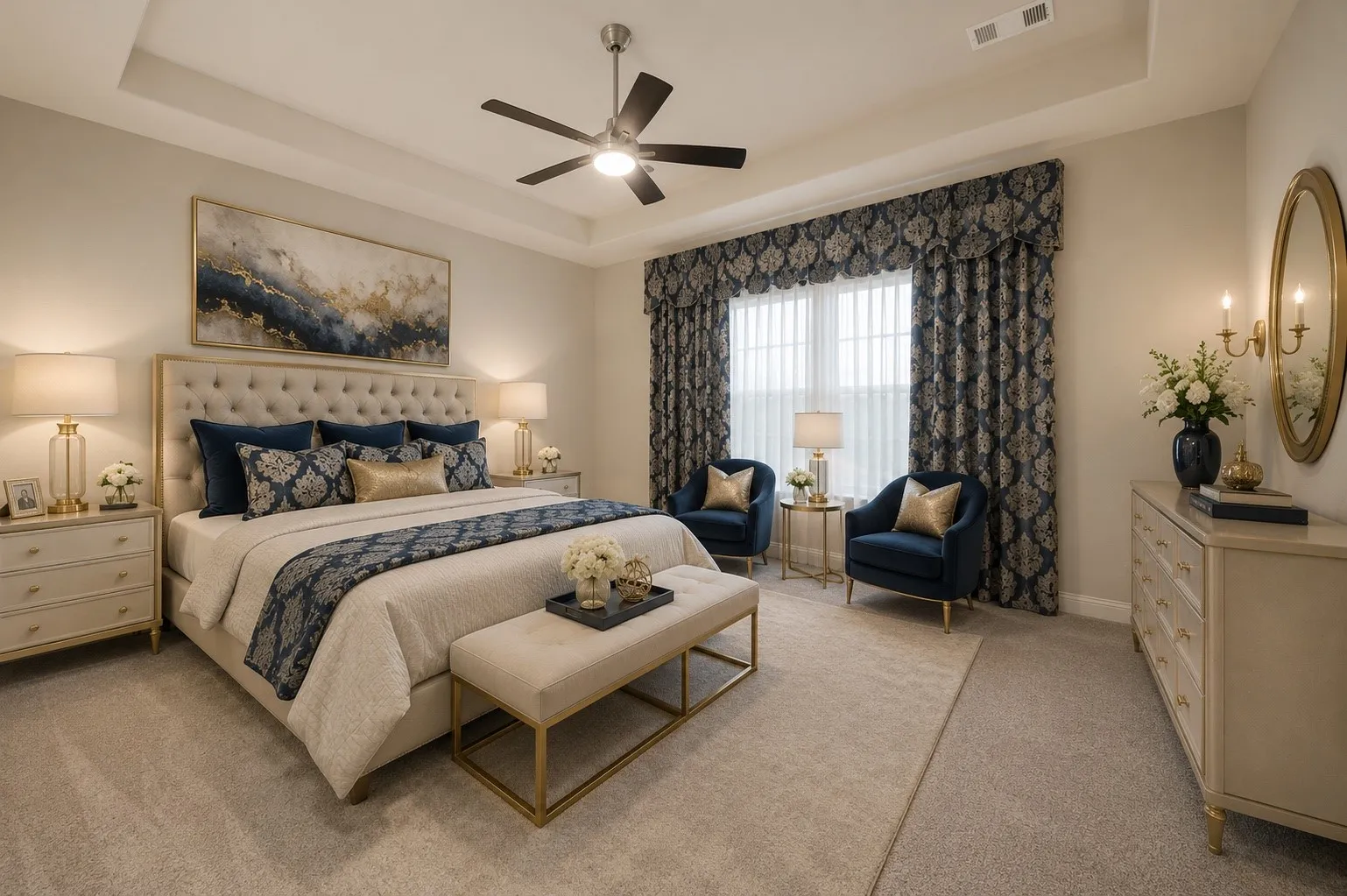 Master bedroom, Tray ceiling with a ceiling fan, broad window with full-length drapery, and wall-to-wall carpeting