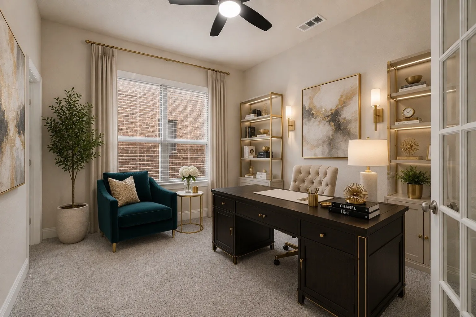 Dedicated room featuring neutral wall tones, light-colored carpet, and an integrated ceiling fan