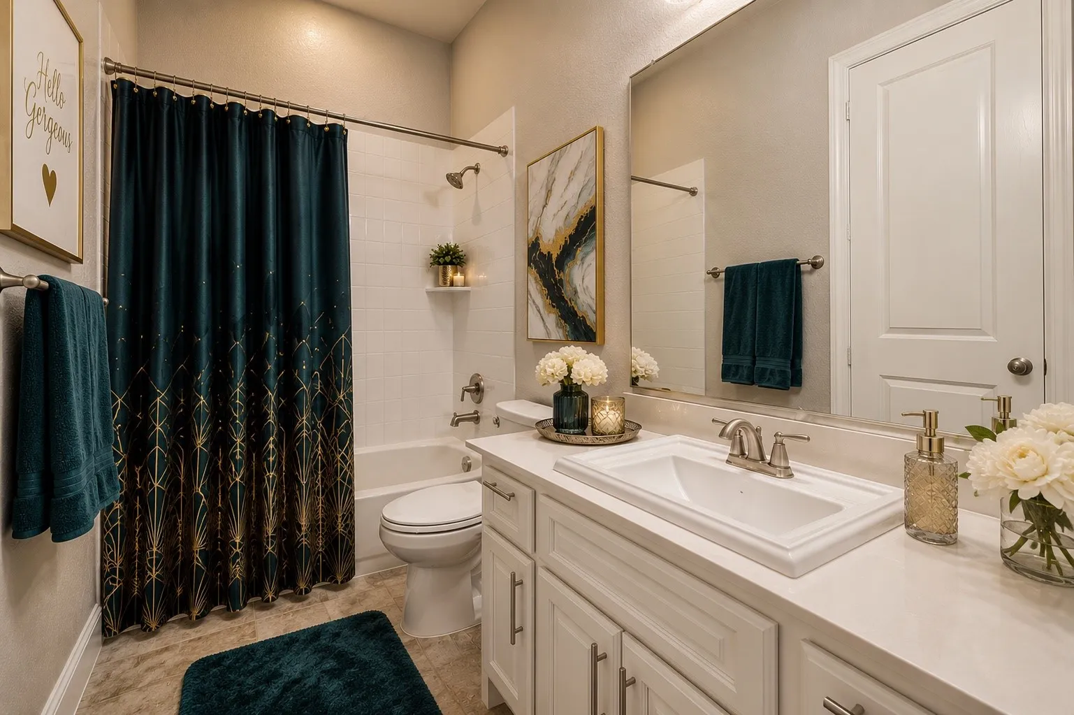 Bathroom featuring a single vanity with an integrated sink, brushed nickel faucet, and a large wall-mounted mirror