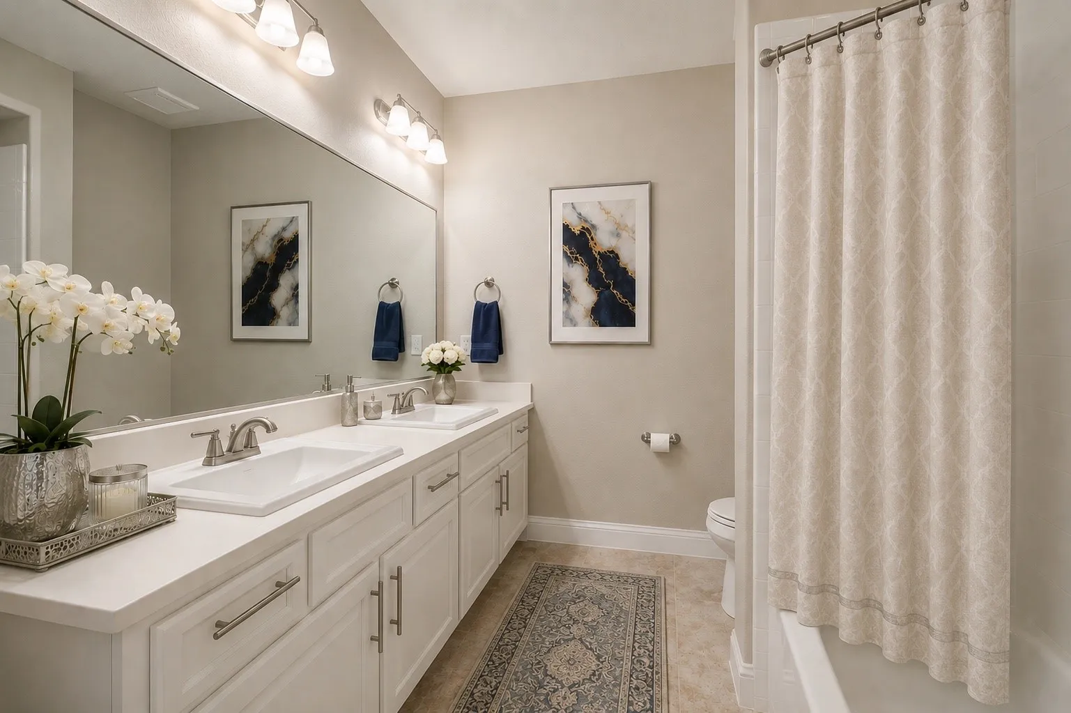 Double vanity featuring white cabinetry, integrated sinks, brushed nickel fixtures, and a long mirror