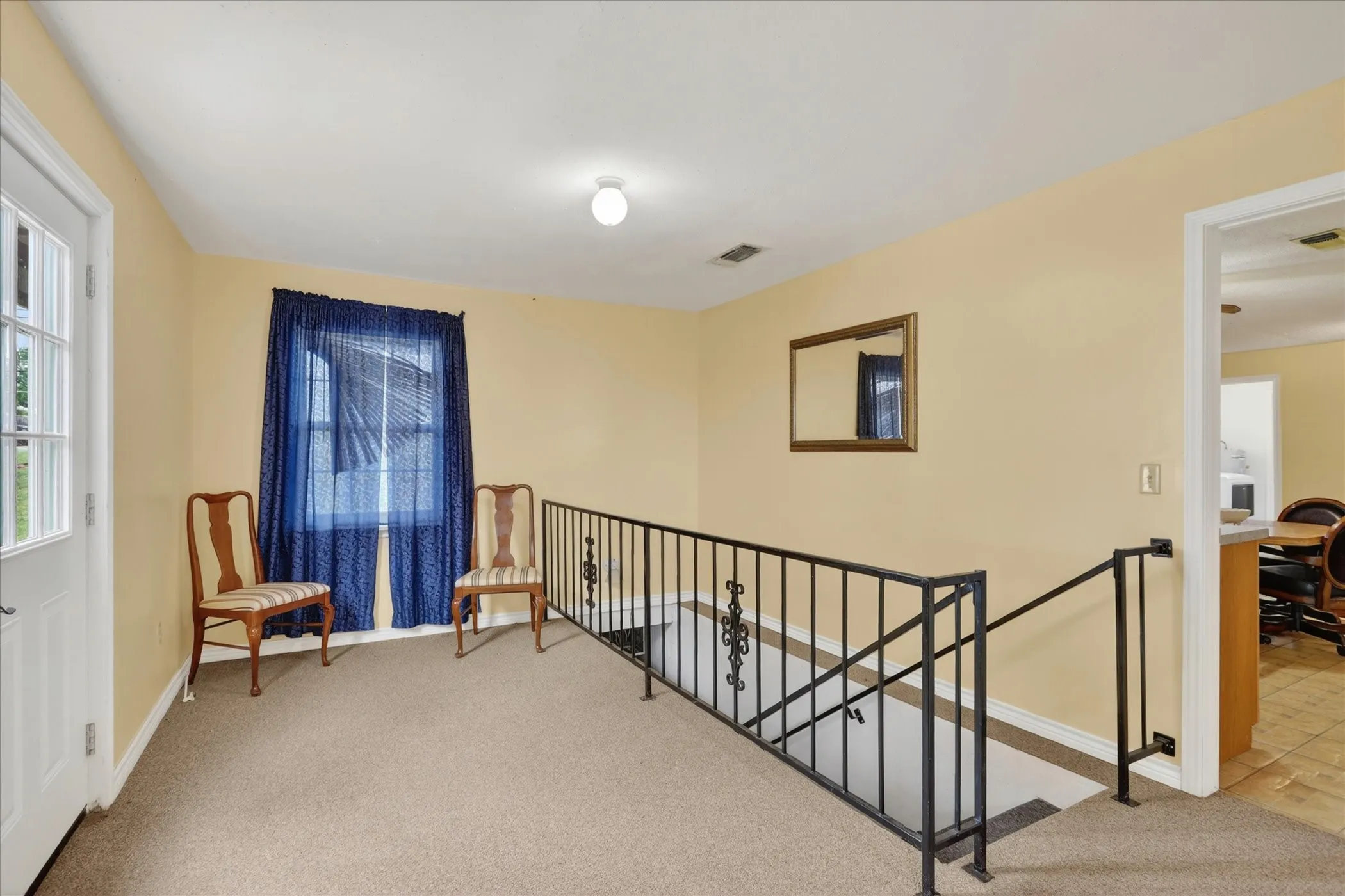 Carpeted landing featuring a white paneled door with glass inserts, a window, and black metal stair railings