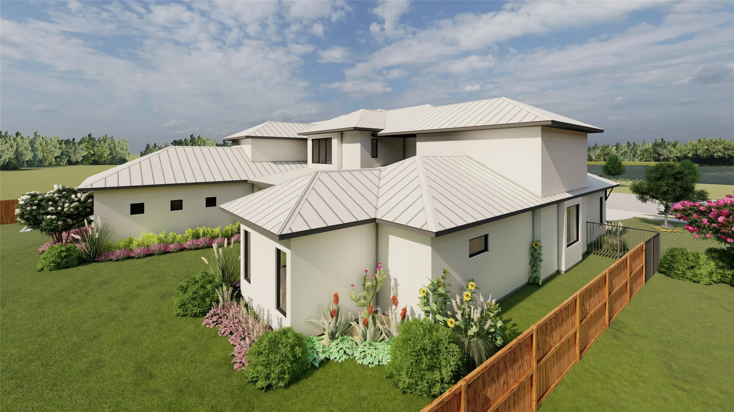 Contemporary architectural design featuring white stucco siding and a standing seam metal roof