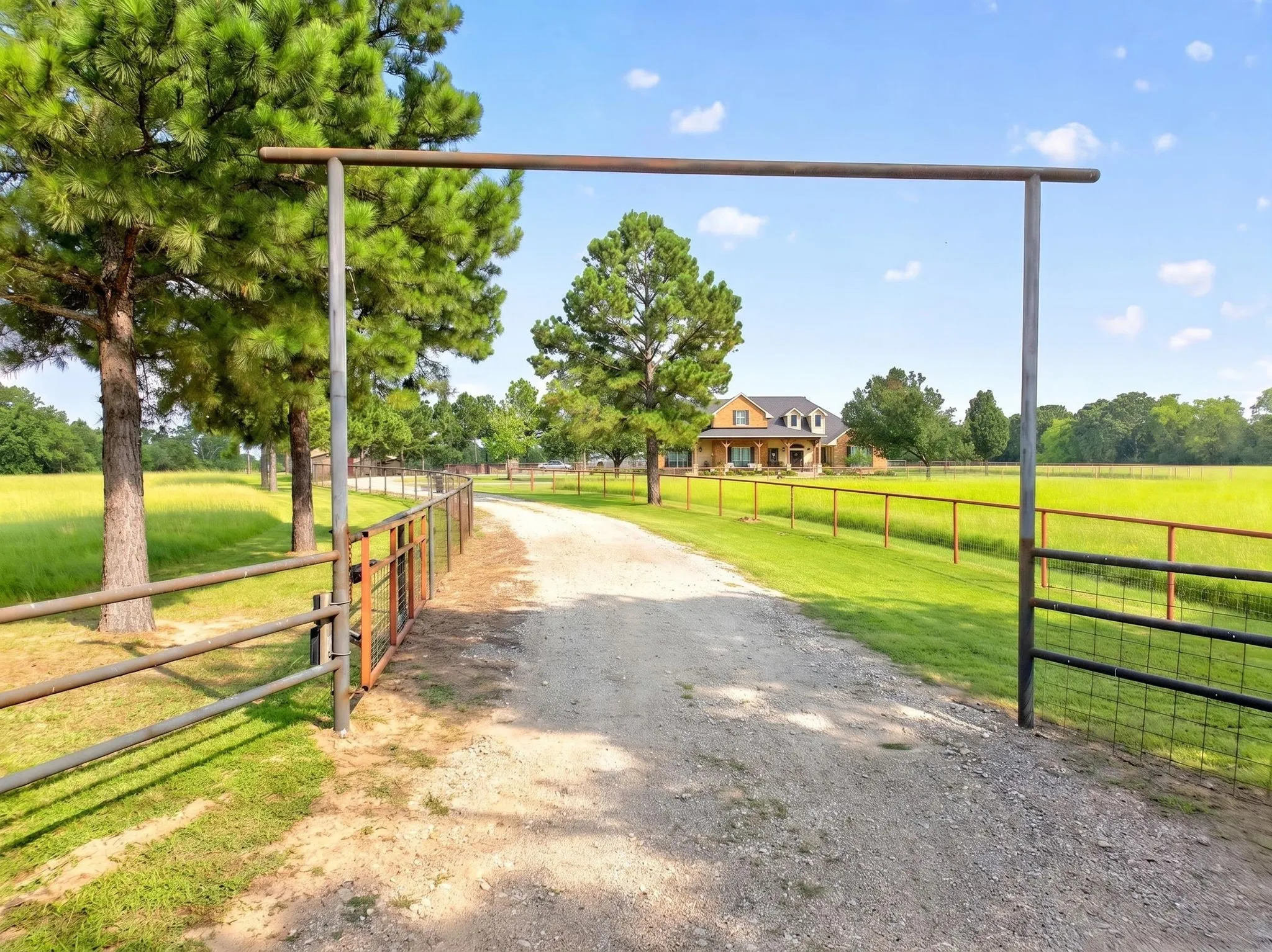 Gravel driveway bordered by green fields and mature trees, with a two-story residence in the background