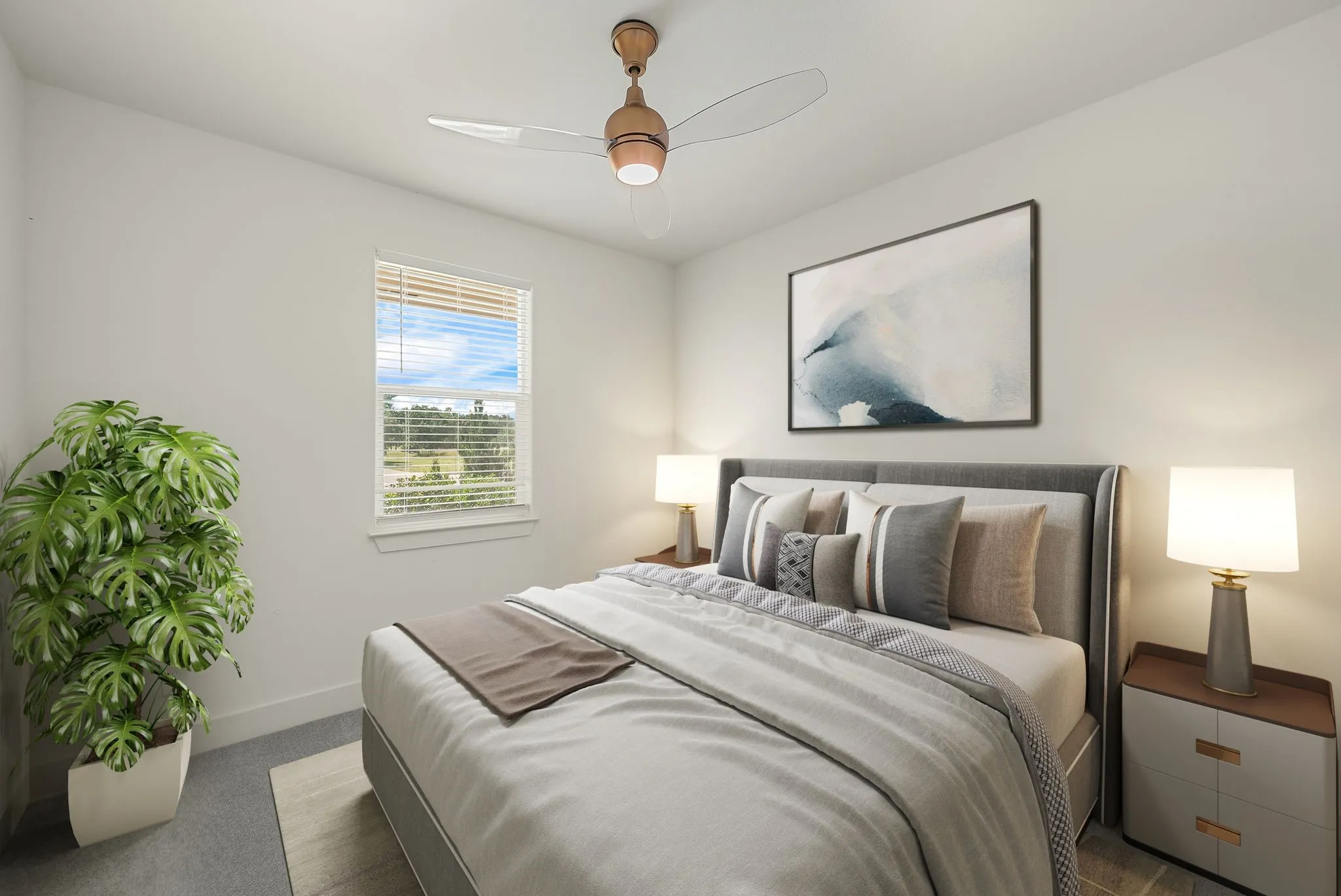 Room featuring a single window with horizontal blinds, a ceiling fan with light fixture, and light-colored wall-to-wall carpeting