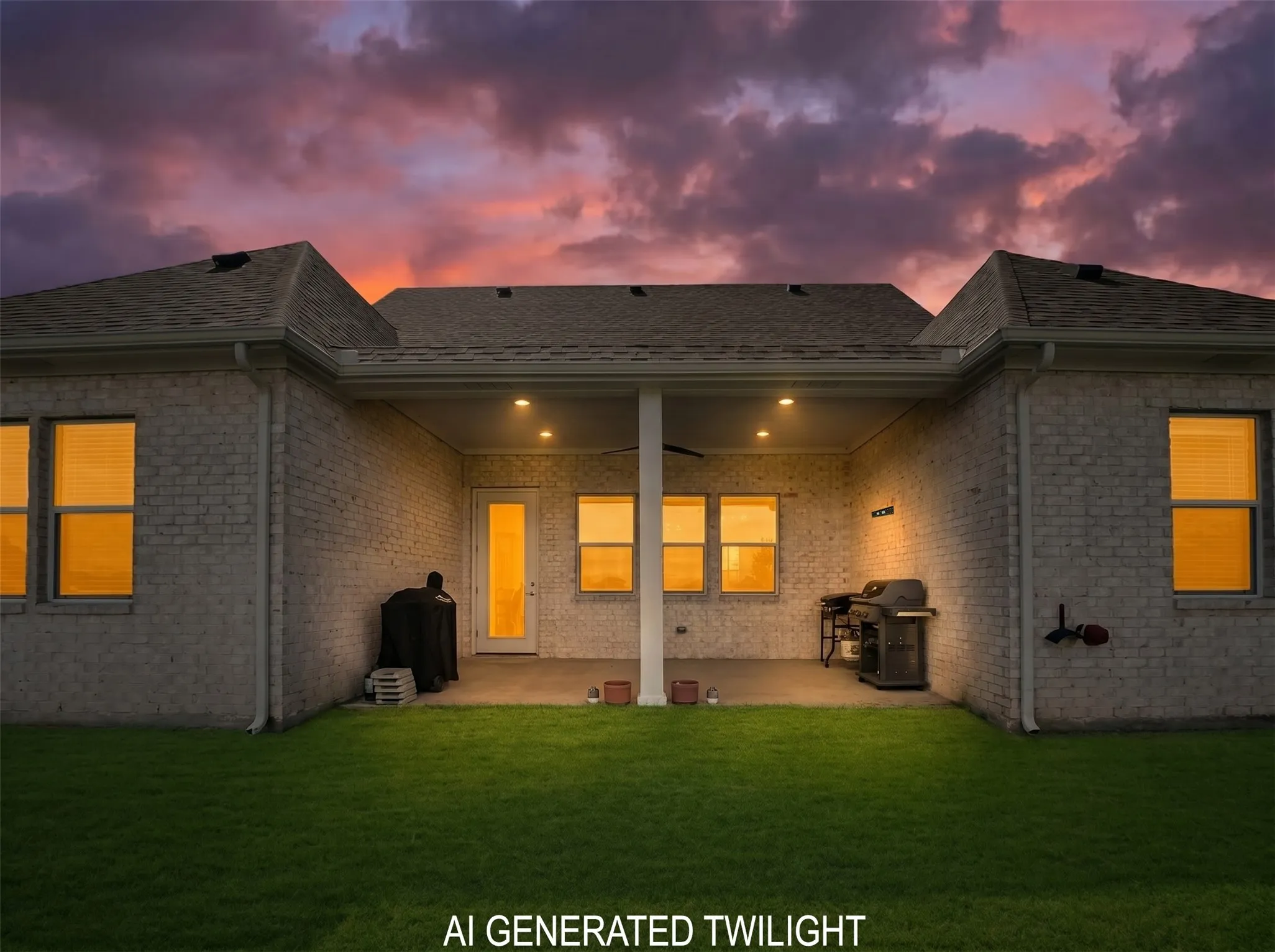 Exterior brick siding with a covered patio featuring recessed lighting